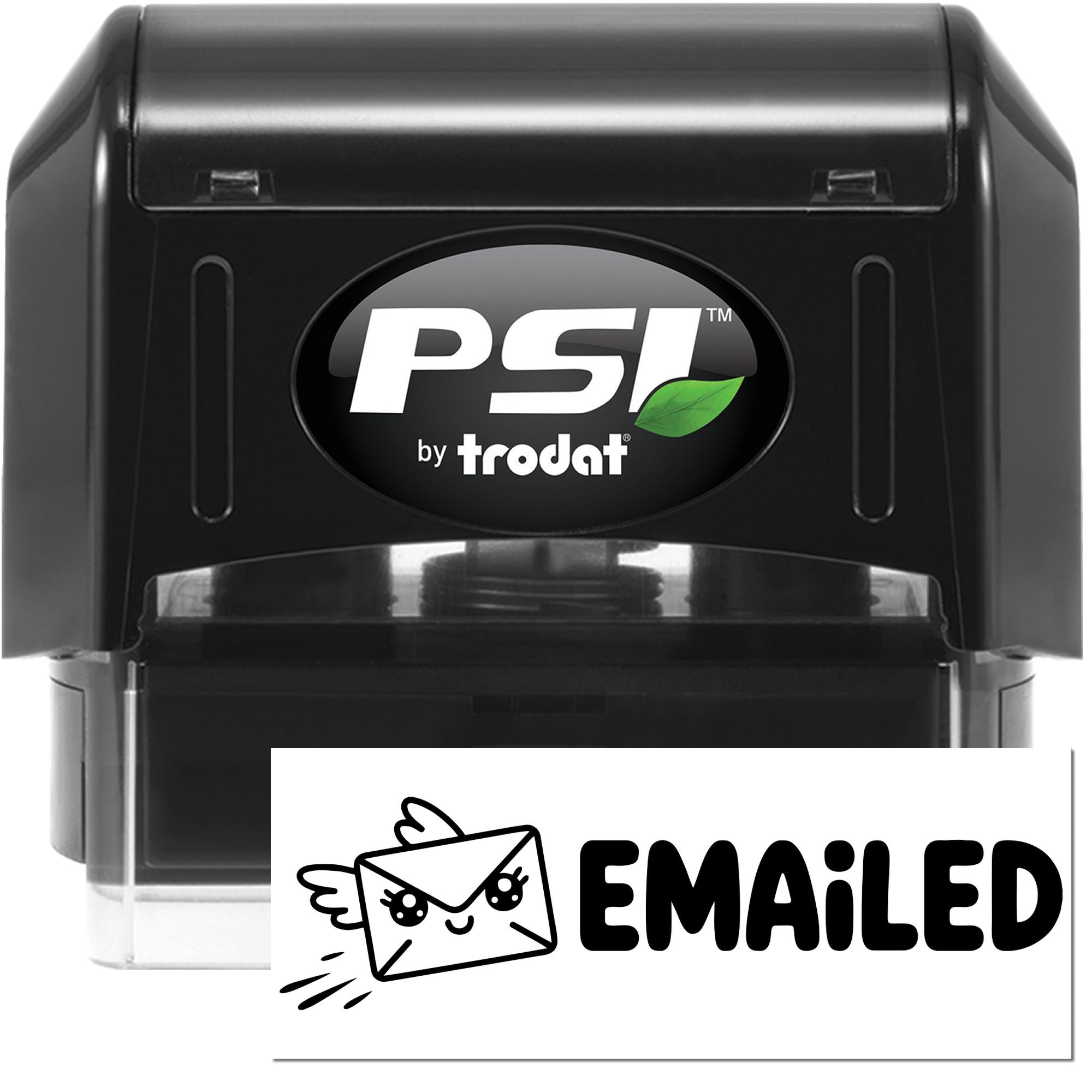 Black PSI by Trodat self-inking stamp and seal, black with green leaf logo, plus white Emailed envelope seal card.