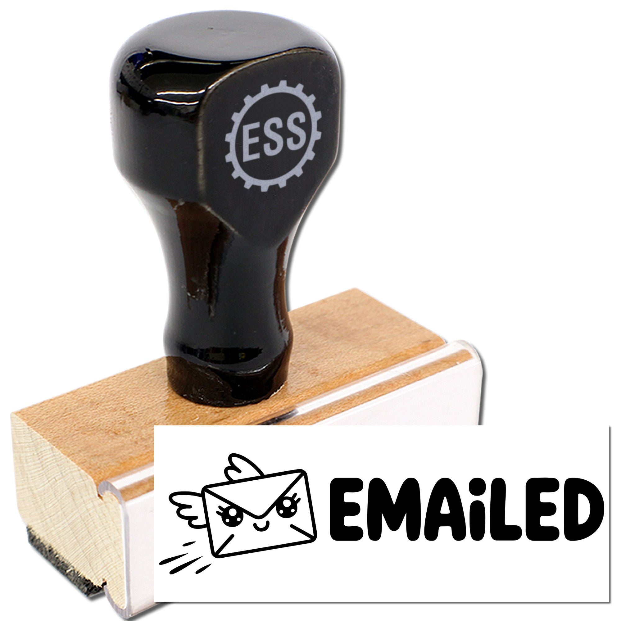 Black rubber stamp on wooden base with ESS logo, beside a white EMAILED seal card and envelope icon.