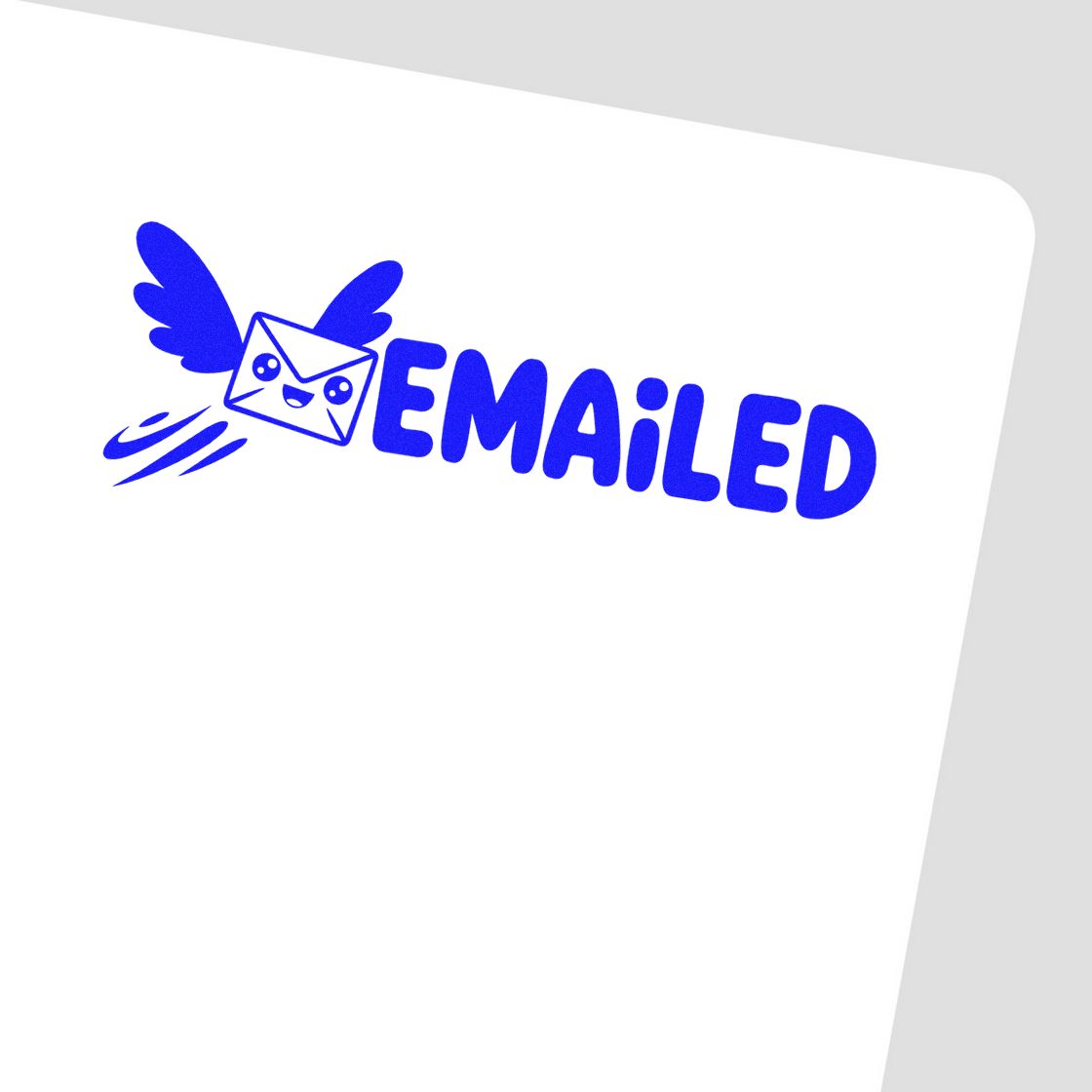 Blue EMAILED stamp and seal with winged envelope icon on white paper
