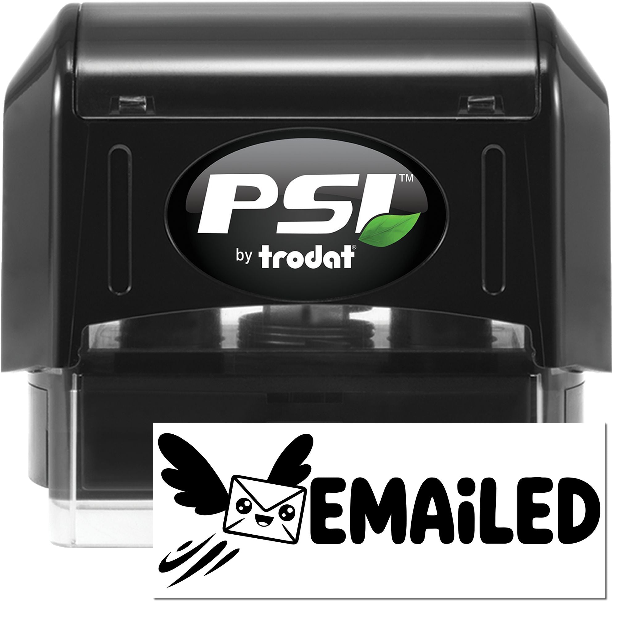 Black PSI by Trodat self-inking stamp and seal, black with green leaf logo and Emailed imprint.