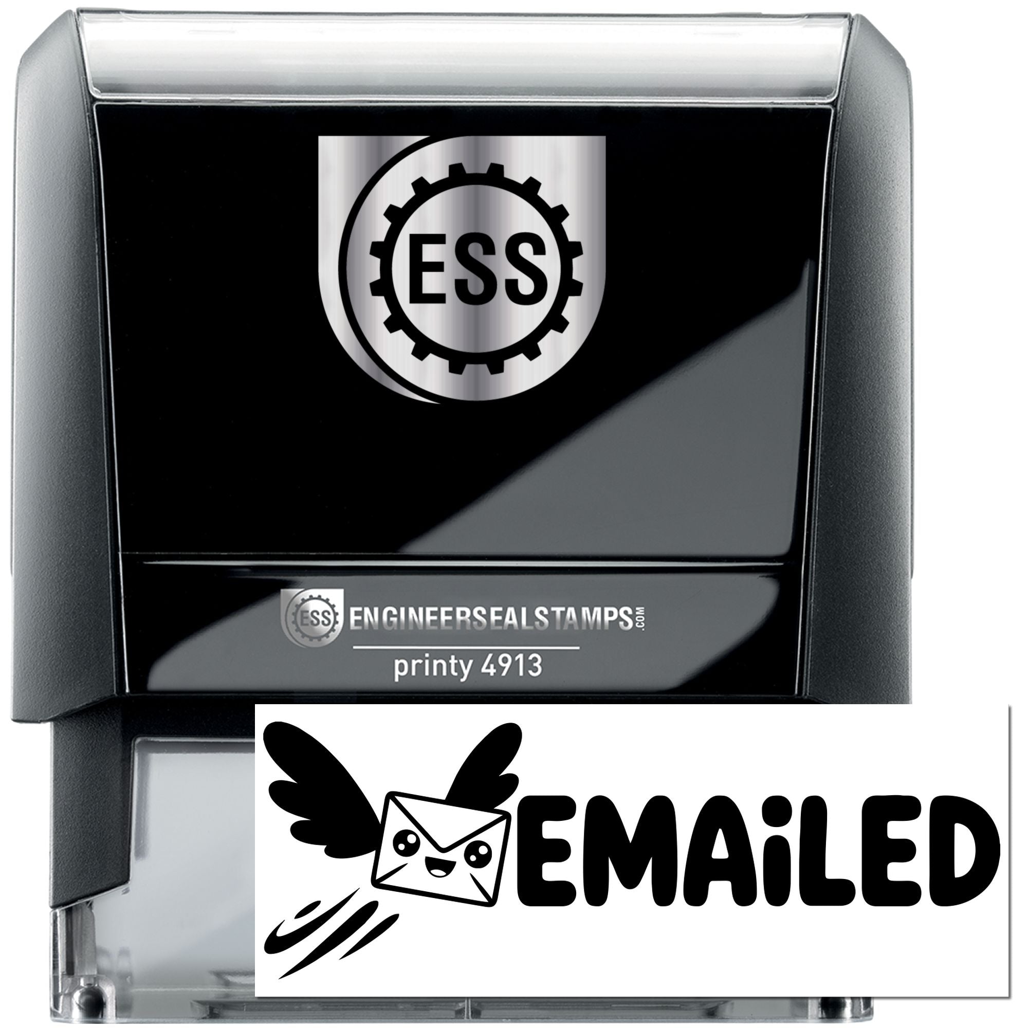 Black and gray self-inking stamp with ESS engineer seal and white EMAILED imprint.