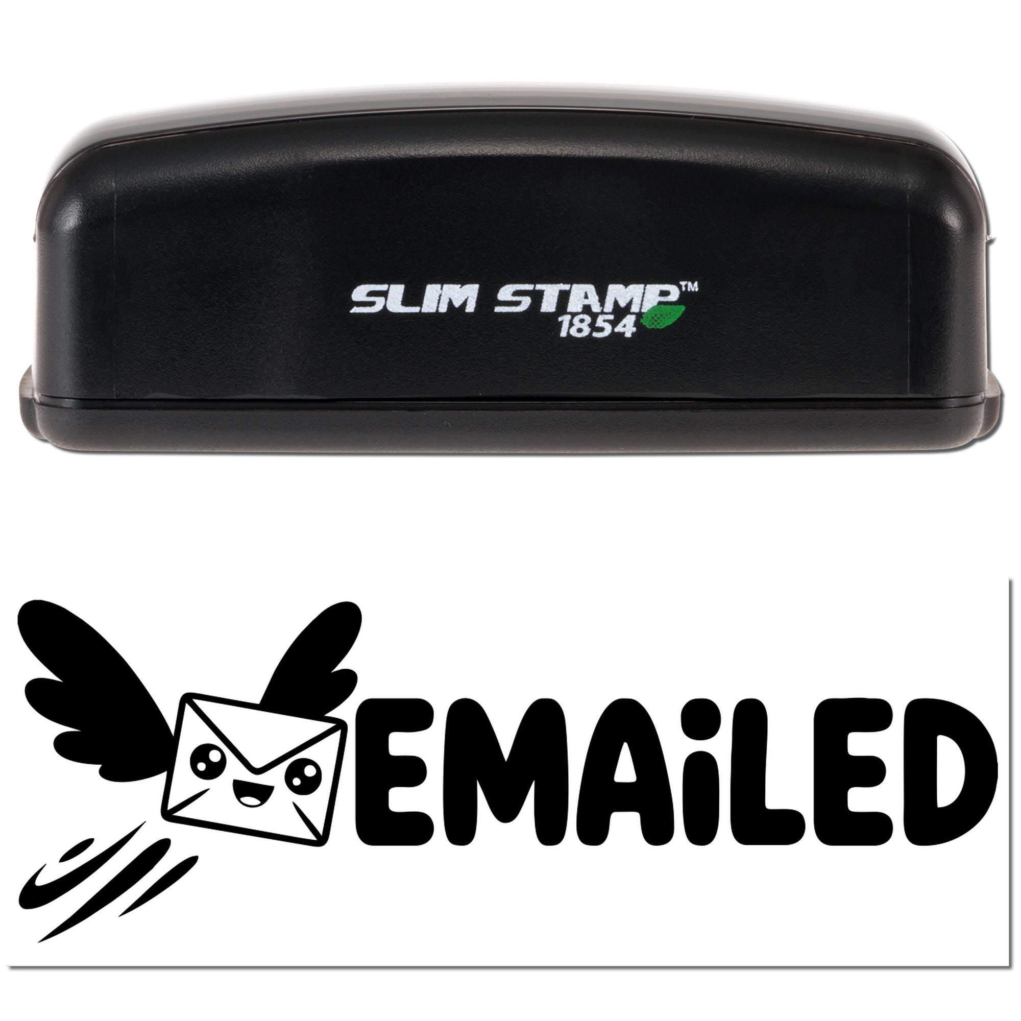 Black Slim Stamp 1854 stamp and EMAILED seal graphic with winged envelope mascot on white background.