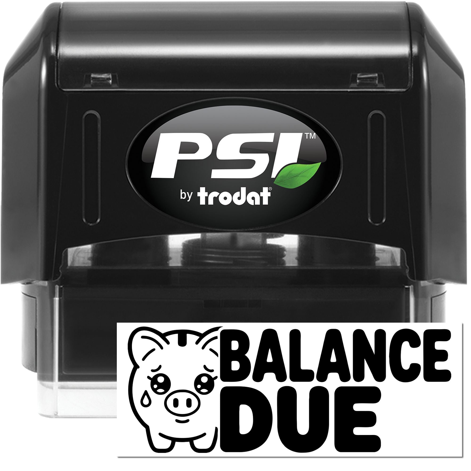 Black PSI by Trodat self-inking stamp and white Balance Due seal with pig icon