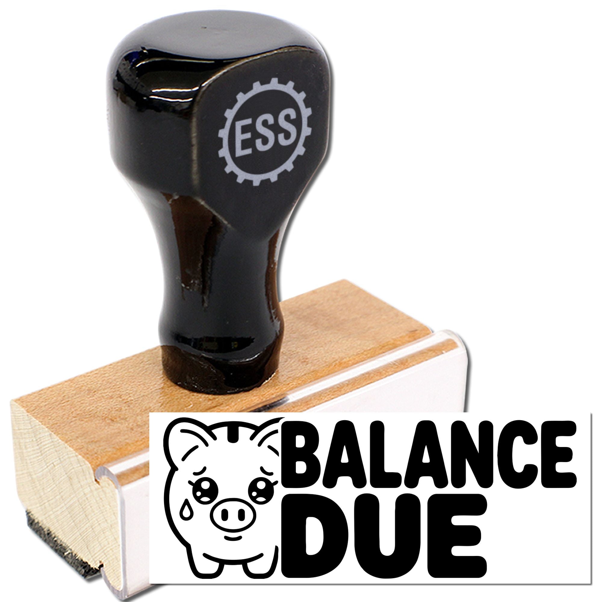 Black rubber stamp and seal on wooden base with BALANCE DUE pig icon and ESS logo.