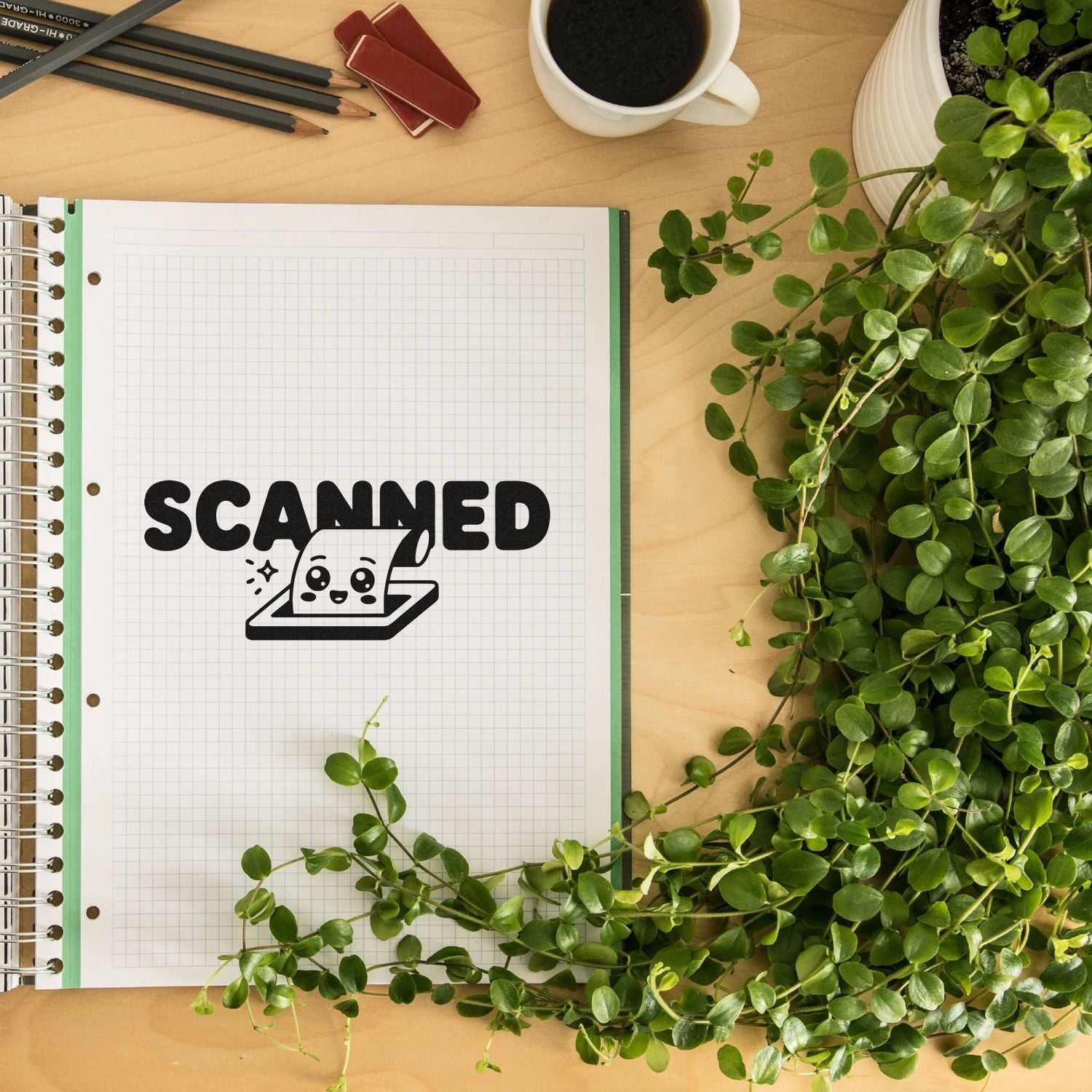 Black SCANNED stamp seal with cute scanner icon on graph paper notebook, on a wood desk with green plant, coffee, and pencils.