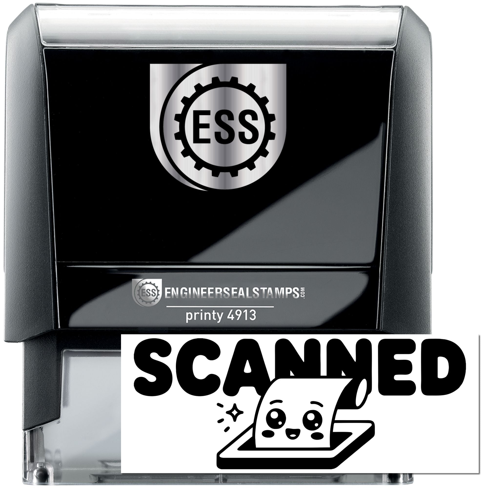 Black self-inking engineer seal stamp with silver casing, ESS logo, and scanned label.