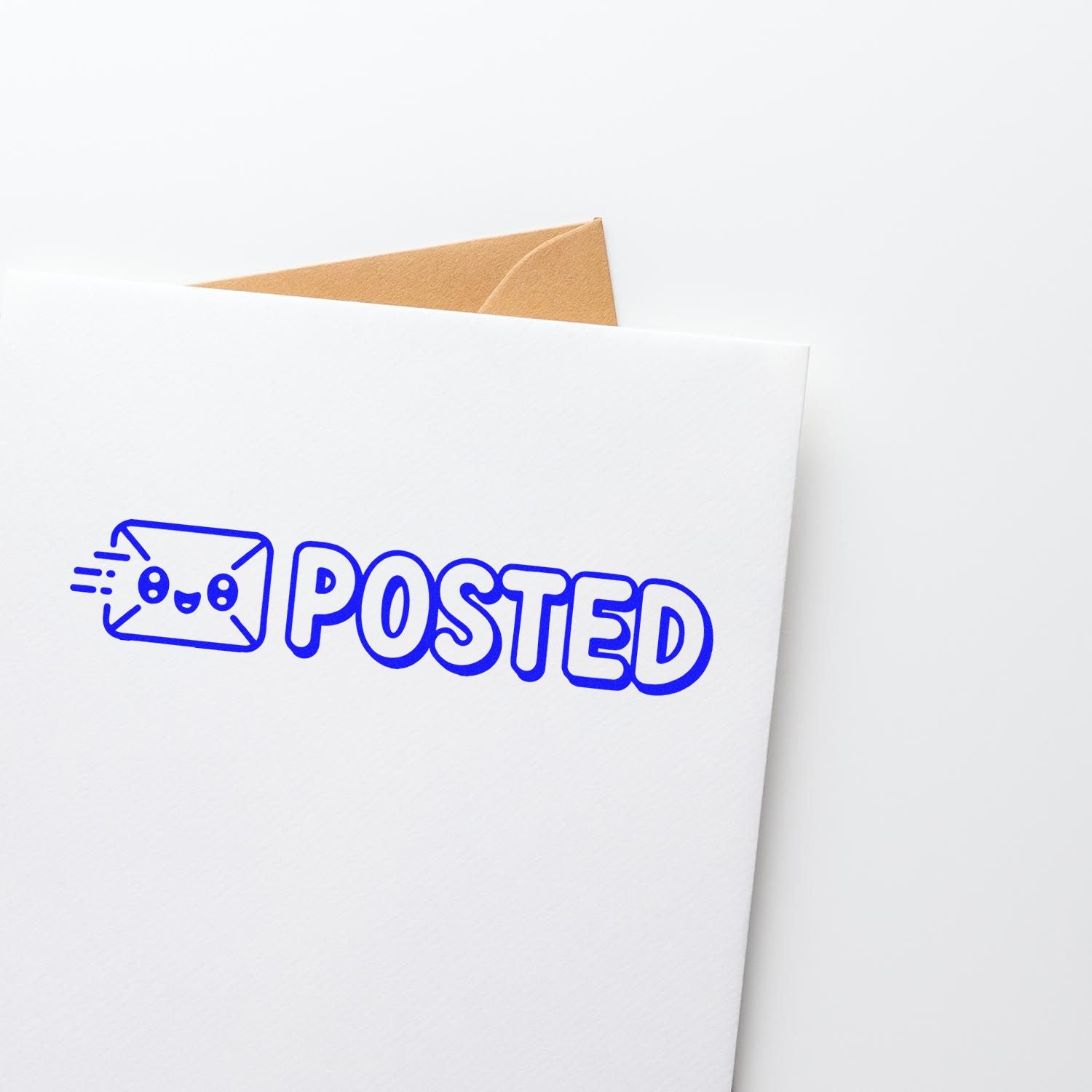 White envelope with tan flap and blue POSTED rubber stamp, featuring a mail icon for stamp and seal products.