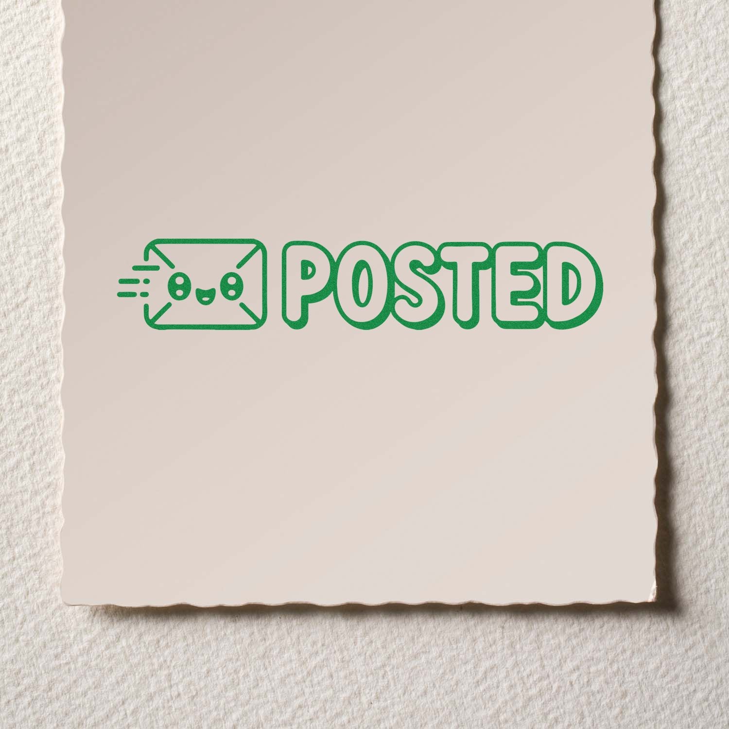 Green posted stamp and seal design with cute mail icon on beige textured paper.