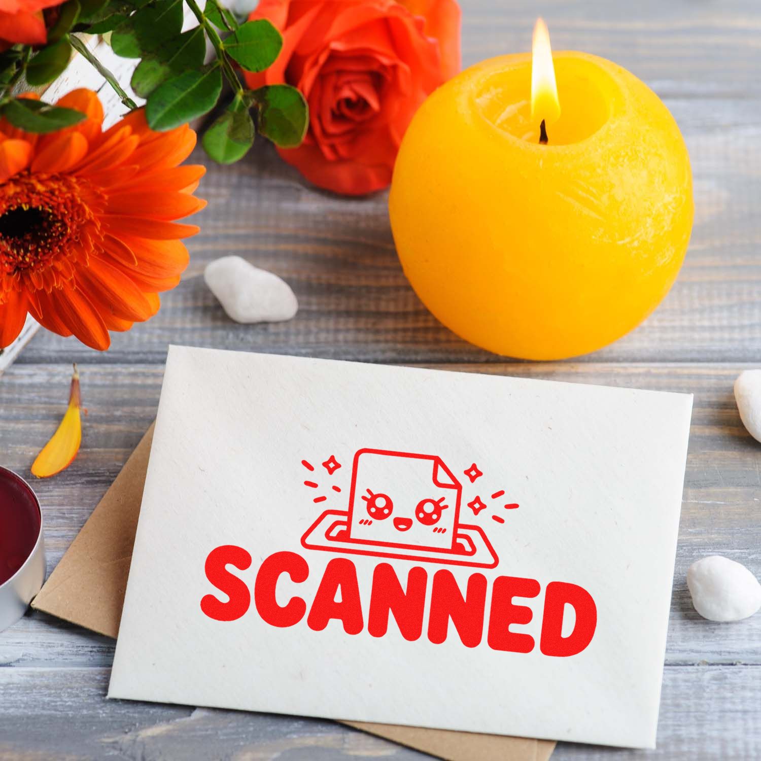 Red SCANNED stamp with seal icon on white card, beside yellow candle and orange flowers on gray wood.