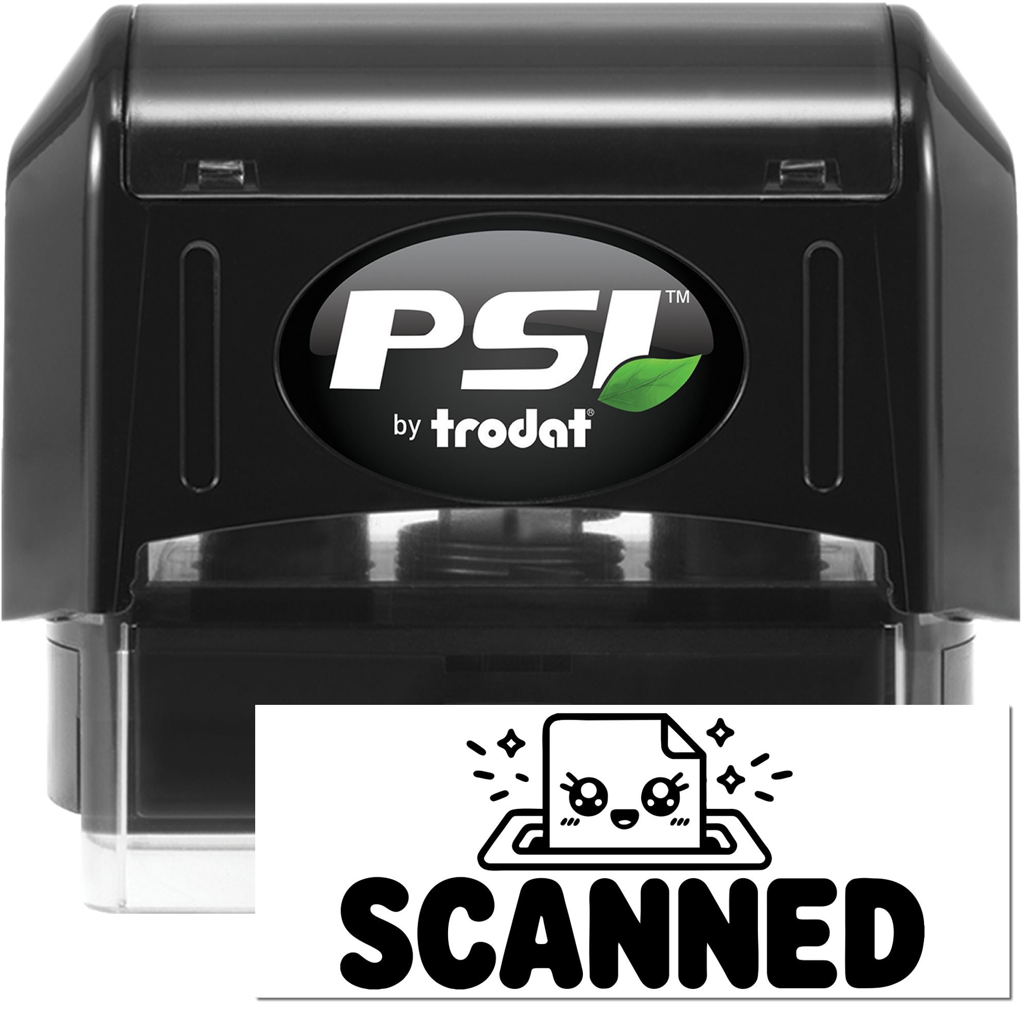 Black PSI by Trodat self-inking stamp and seal machine with green leaf logo and SCANNED graphic.