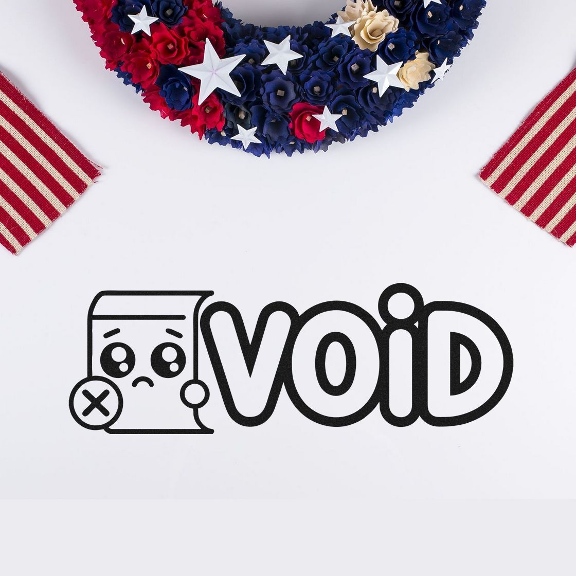Black VOID stamp seal with sad face icon on white, with red, blue and white star decorations and striped ribbon accents.