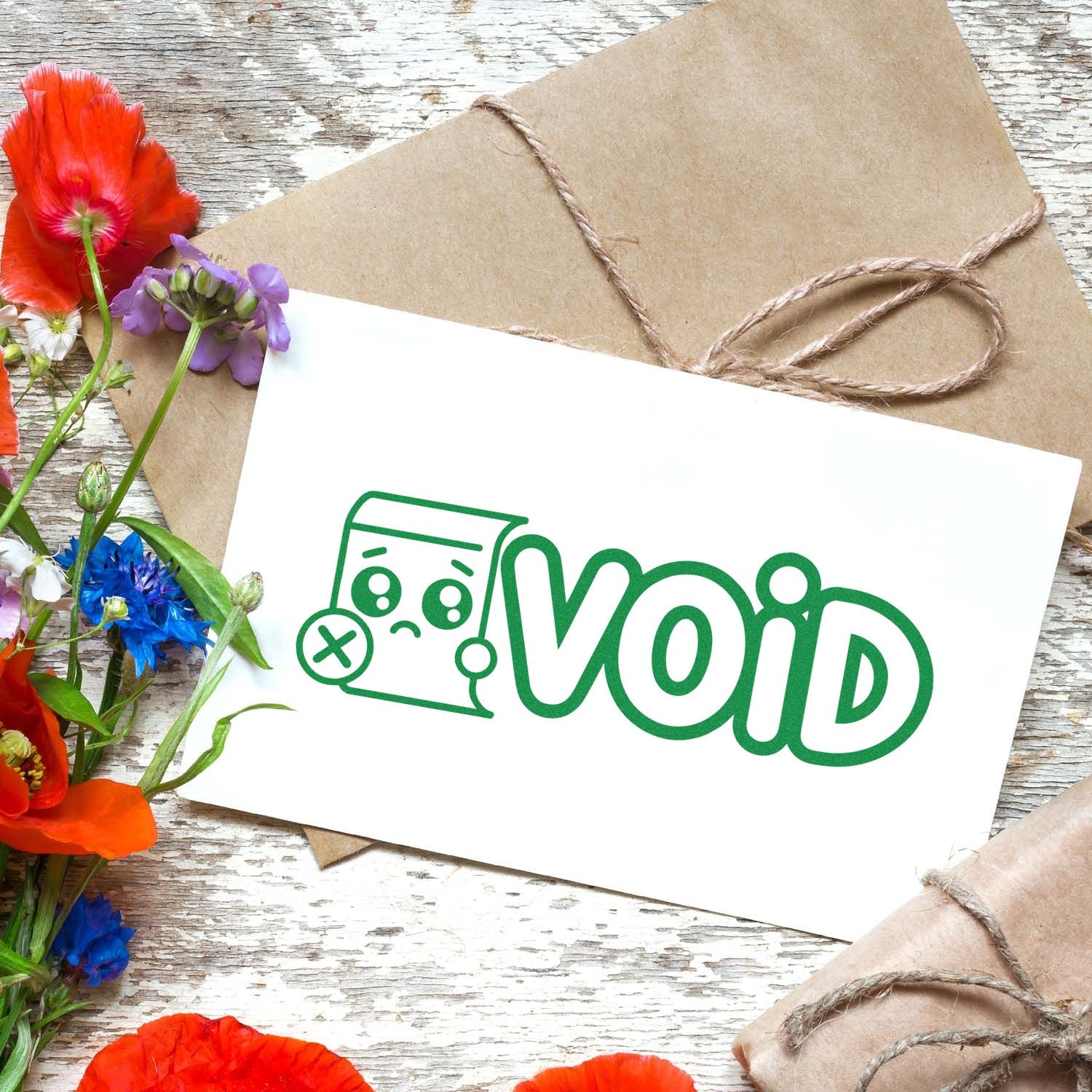 Green Void stamp and seal on white card, with kraft envelopes, twine, and bright red, purple, and blue flowers.