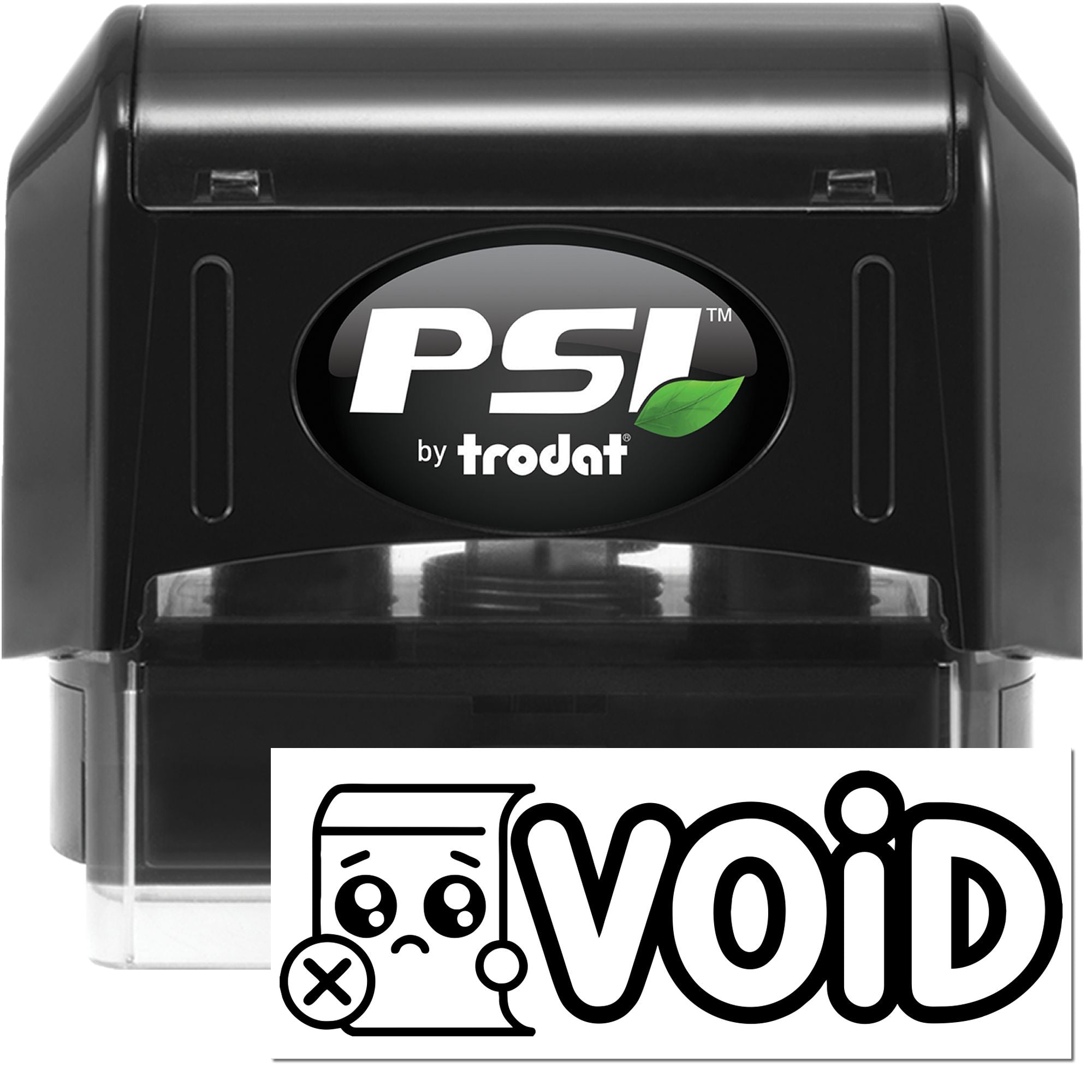 Black PSI by Trodat self-inking VOID stamp and seal with green leaf logo
