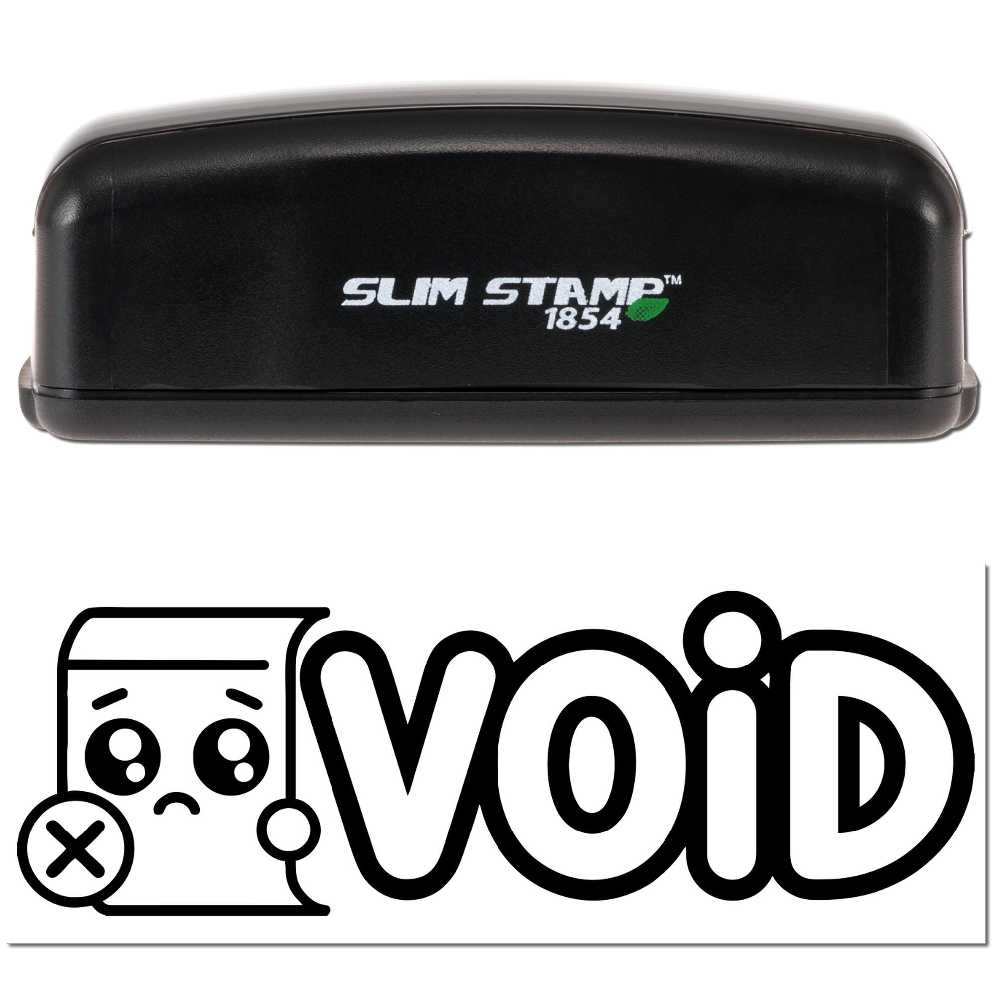 Black Slim Stamp 1854 stamp with green accent above bold black VOID security seal graphic.