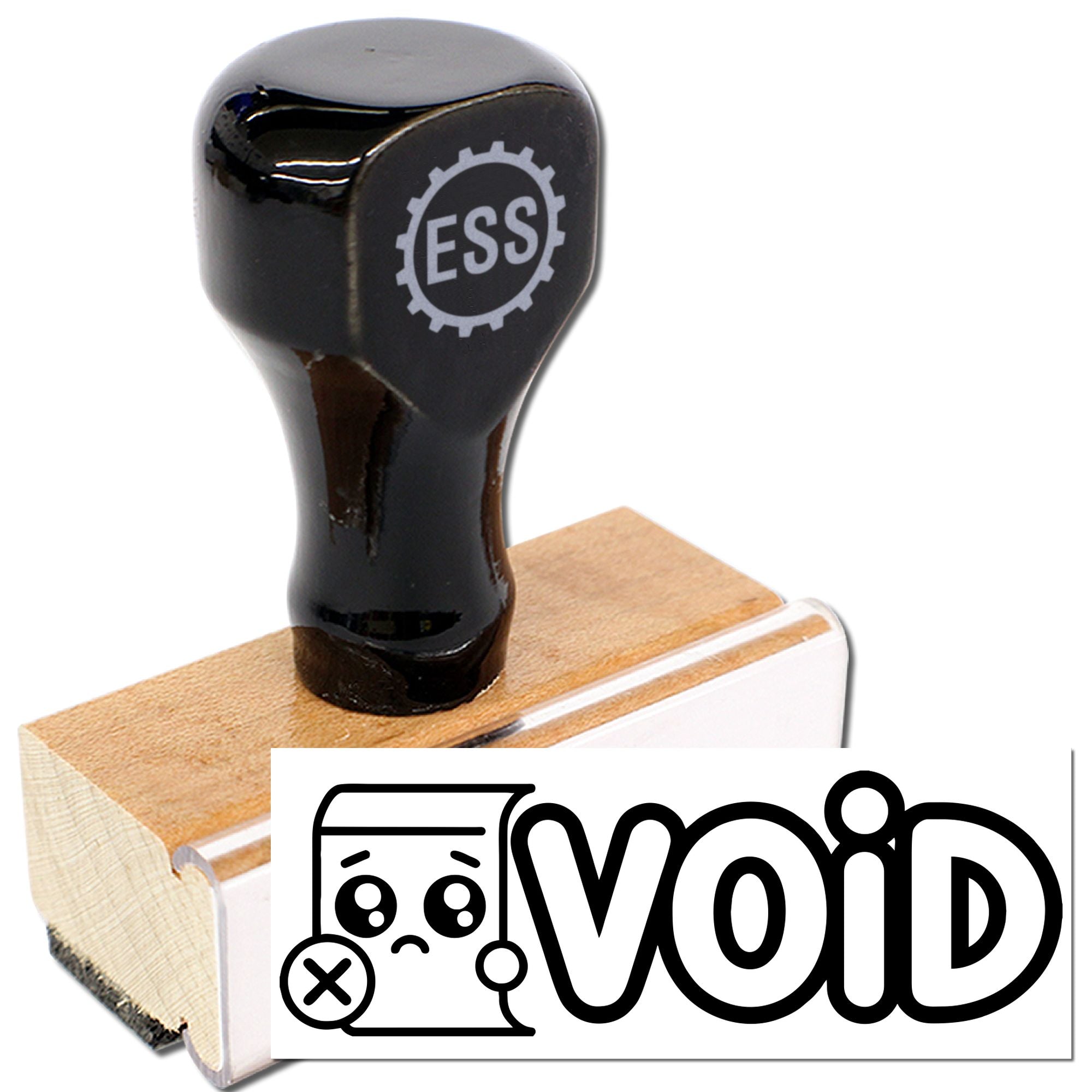 Black ESS stamp and wooden seal block with Void logo on white background.