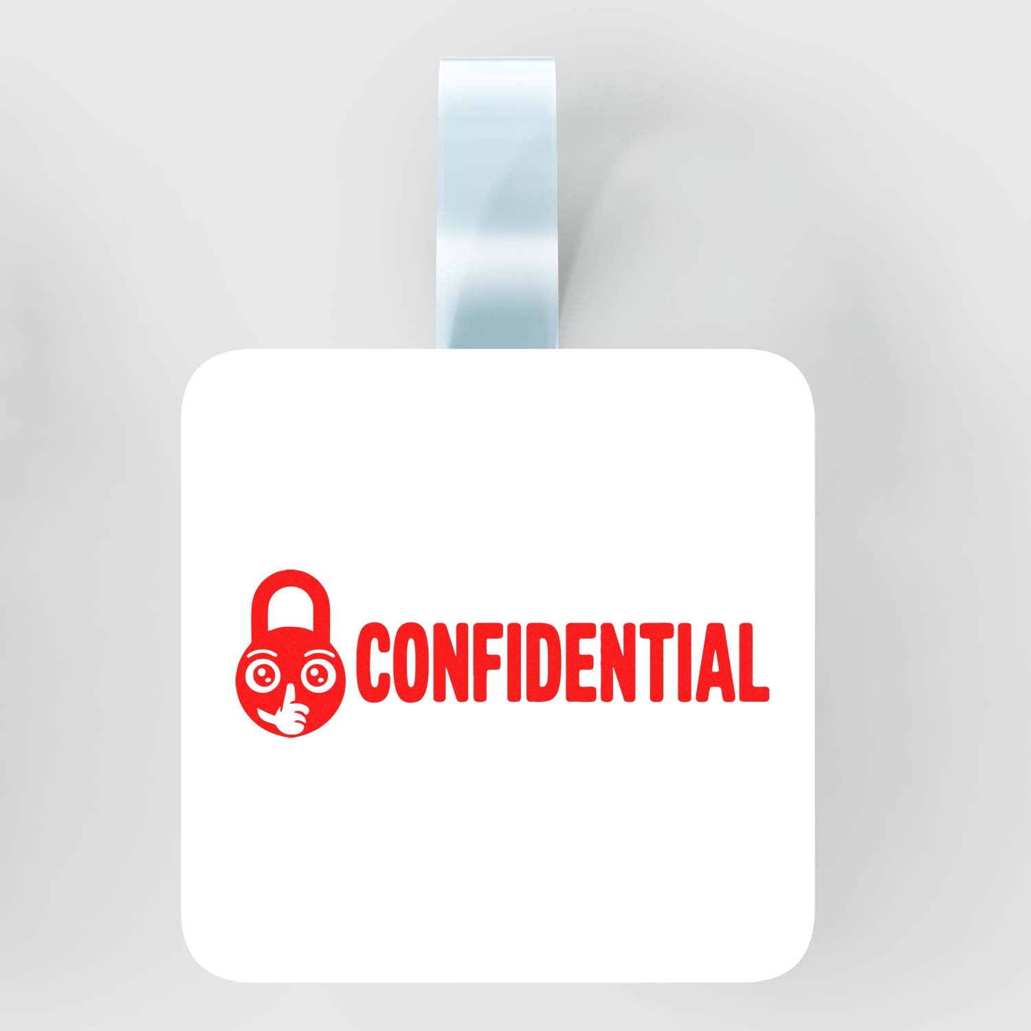 White stamp seal with red CONFIDENTIAL text and padlock icon, light blue handle