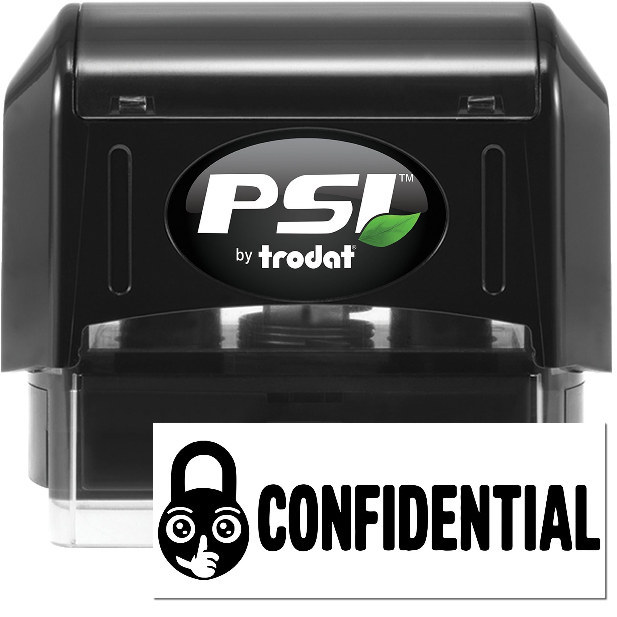 Black PSI by Trodat self-inking confidential stamp with green leaf logo and clear seal window