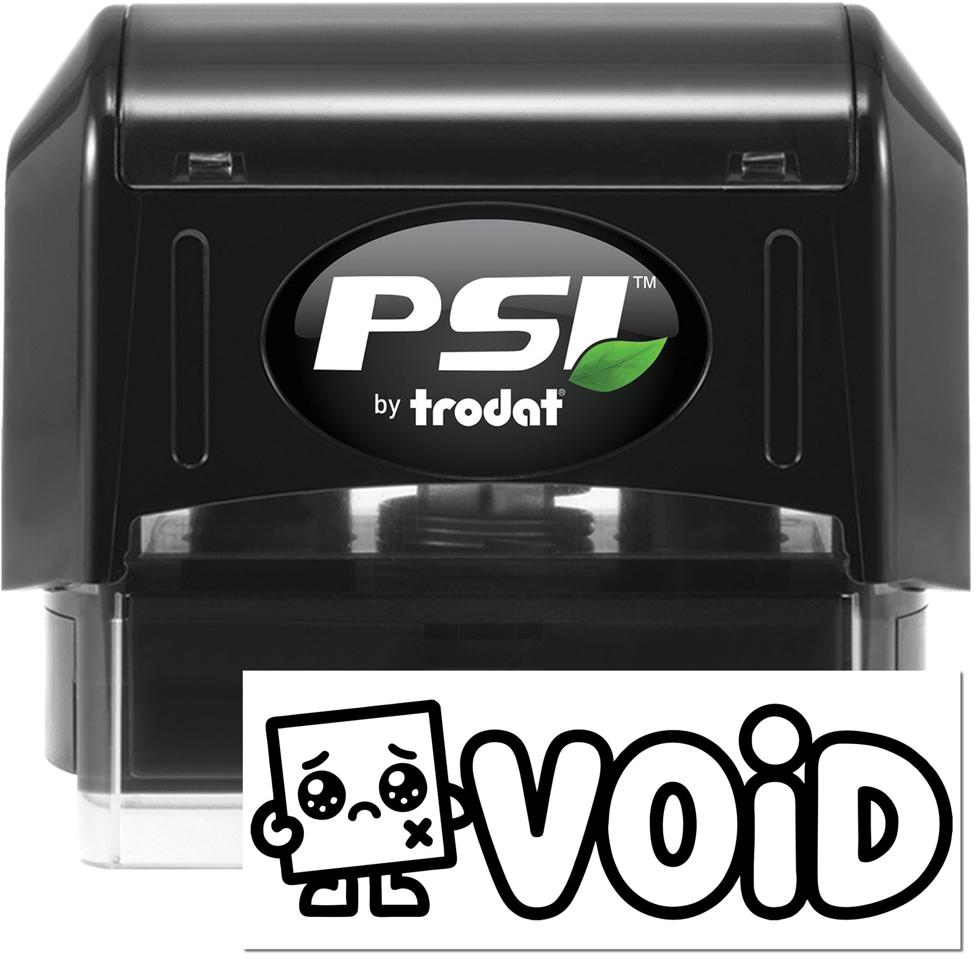 Black PSI by Trodat self-inking stamp and void seal, with green leaf logo and clear case