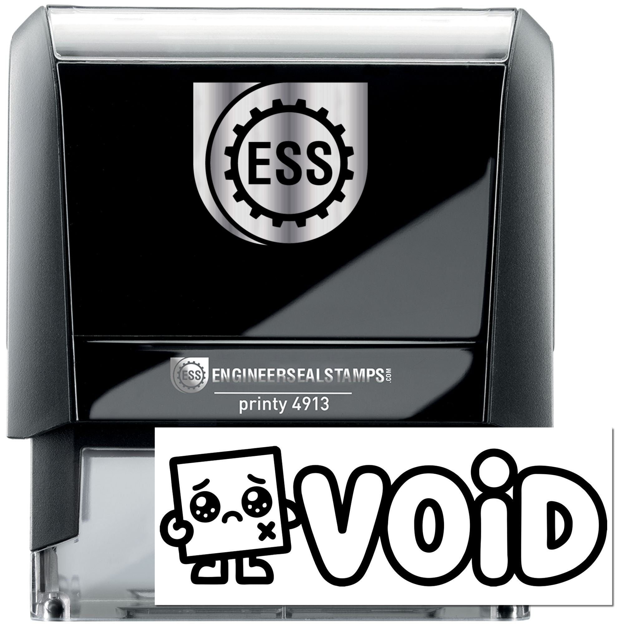Black and silver self-inking ESS engineer seal stamp with bold Void marking and cartoon void graphic