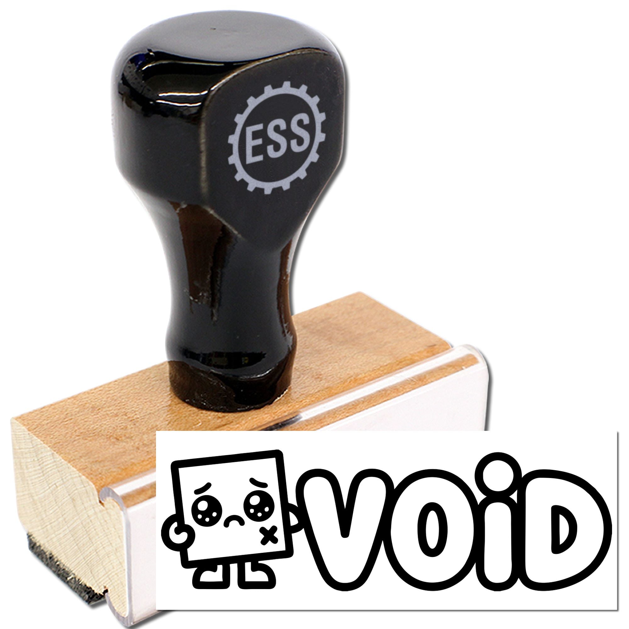 Black rubber stamp and wooden seal block with a white void mark and bold black lettering.
