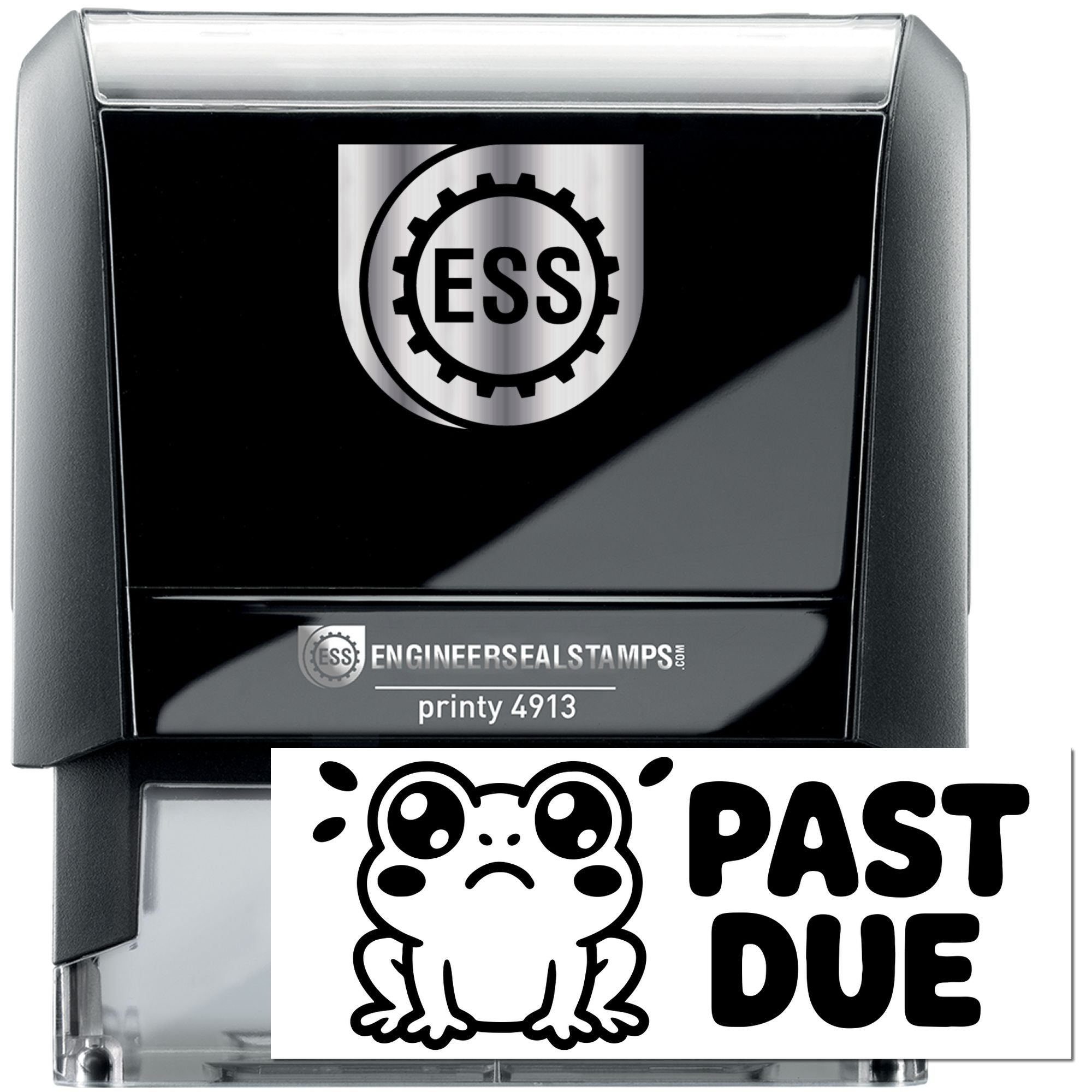 Black self-inking ESS engineer seal stamp, black and silver, with PAST DUE frog date stamp impression.