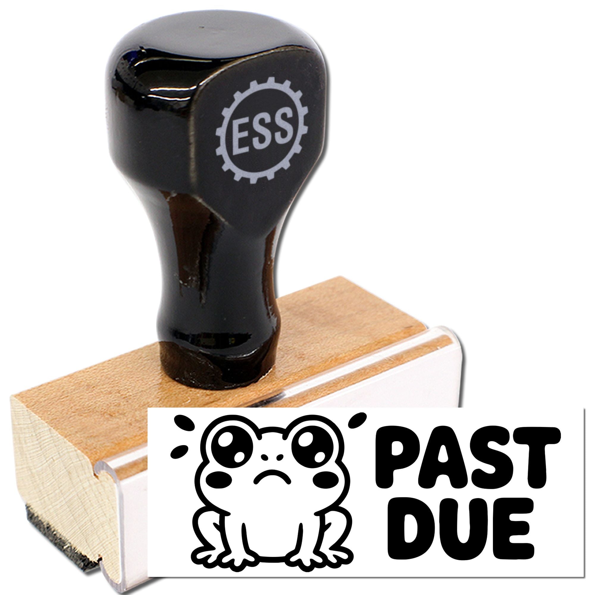 Black rubber stamp seal on wooden block with ESS logo and PAST DUE frog design.