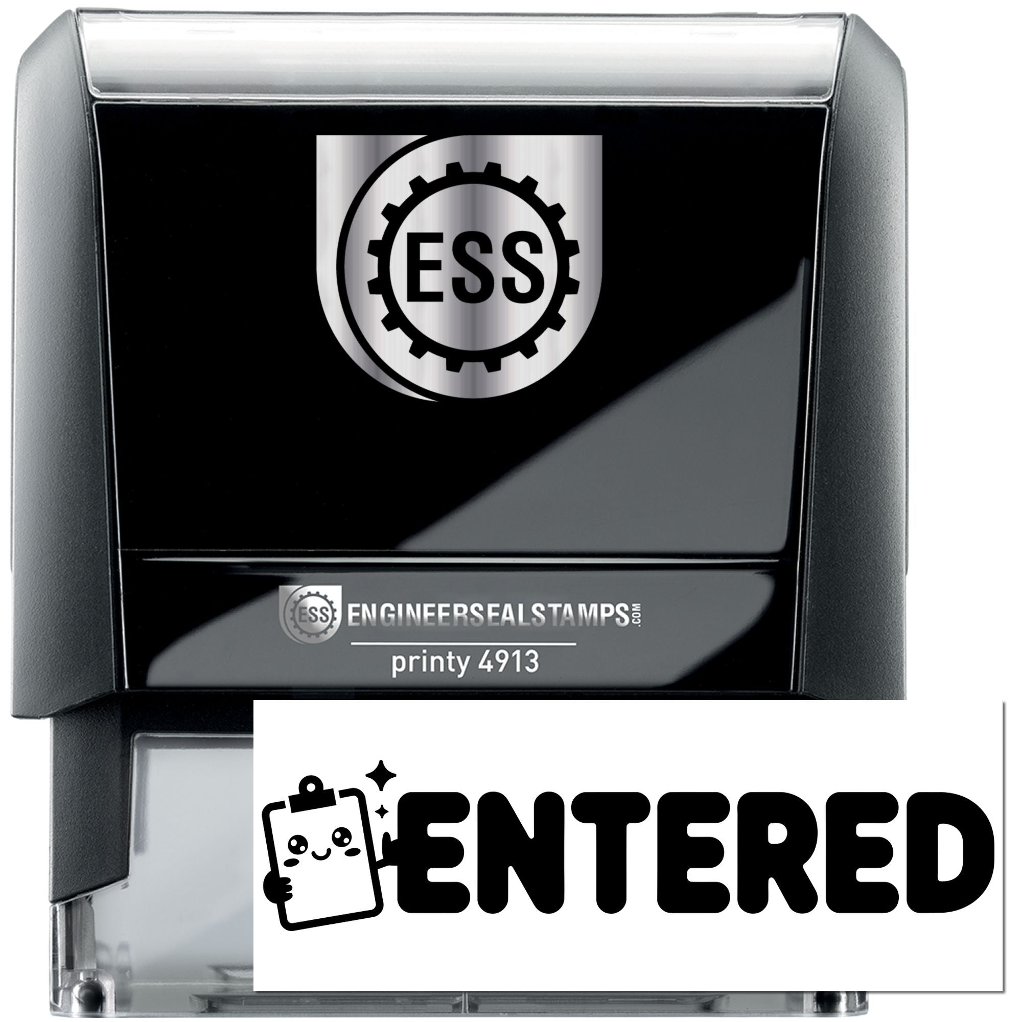 Black self-inking ESS engineer seal stamp with silver top and ENTERED label on clear base