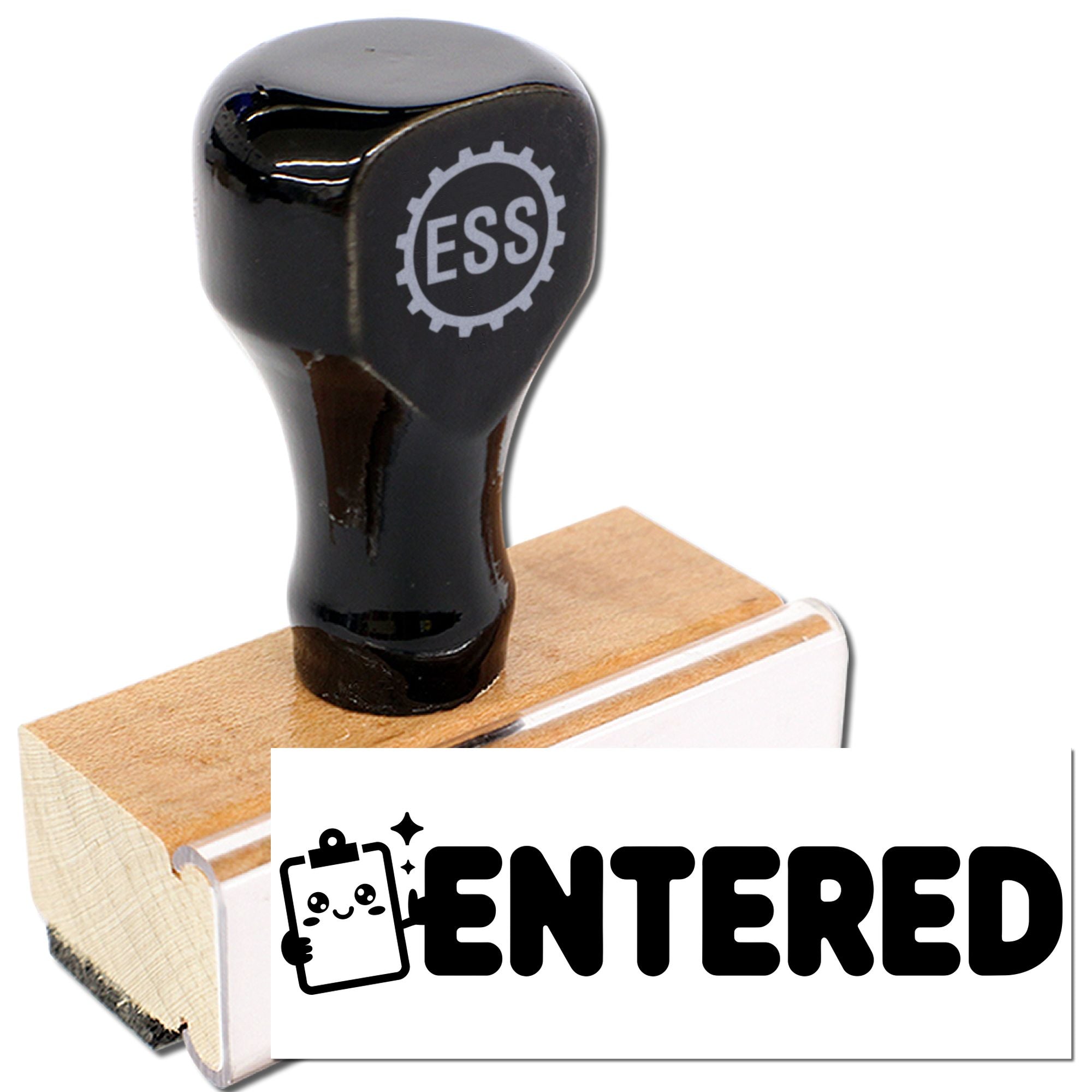 Black ESS rubber stamp and seal on a wooden base beside an ENTERED imprint card