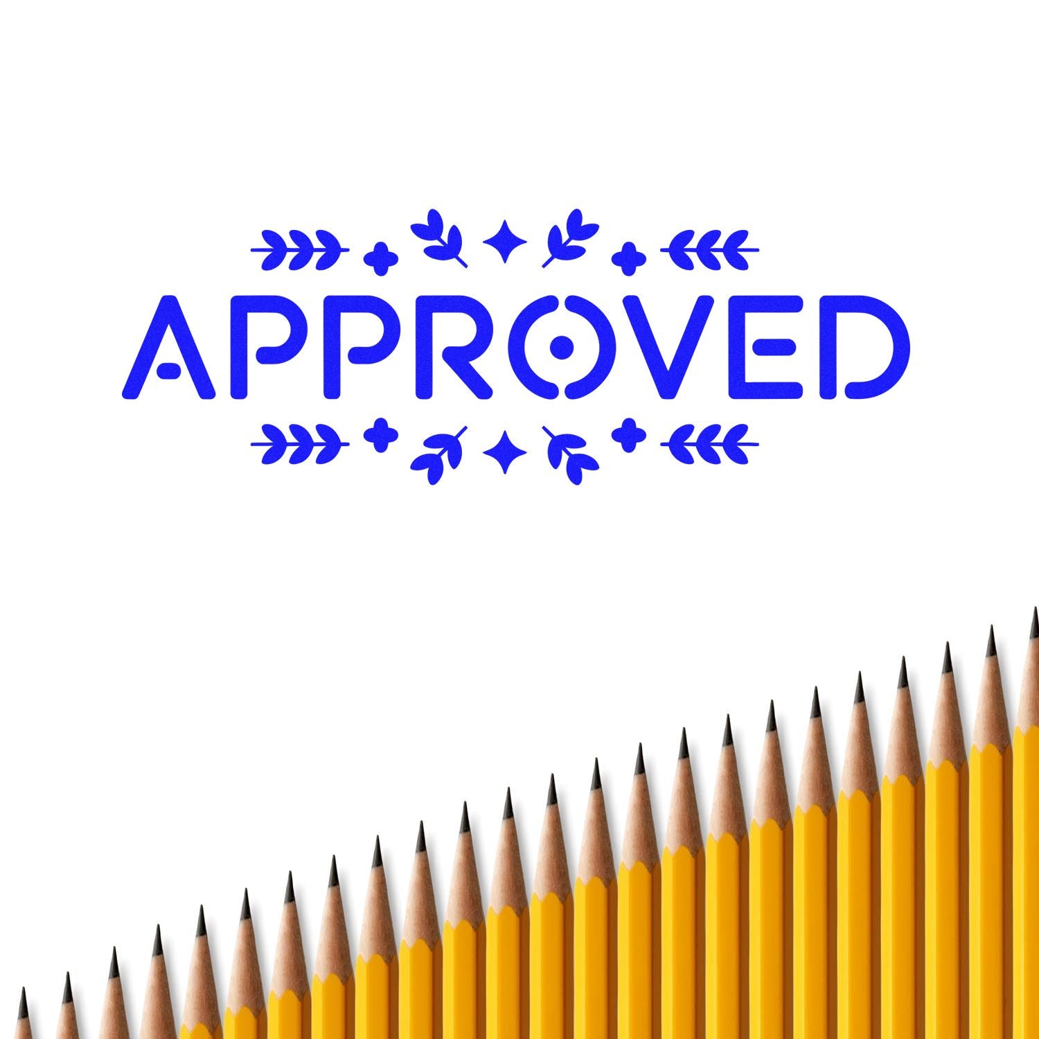 Blue APPROVED stamp seal with decorative leaves, above a row of yellow pencils on a white background.