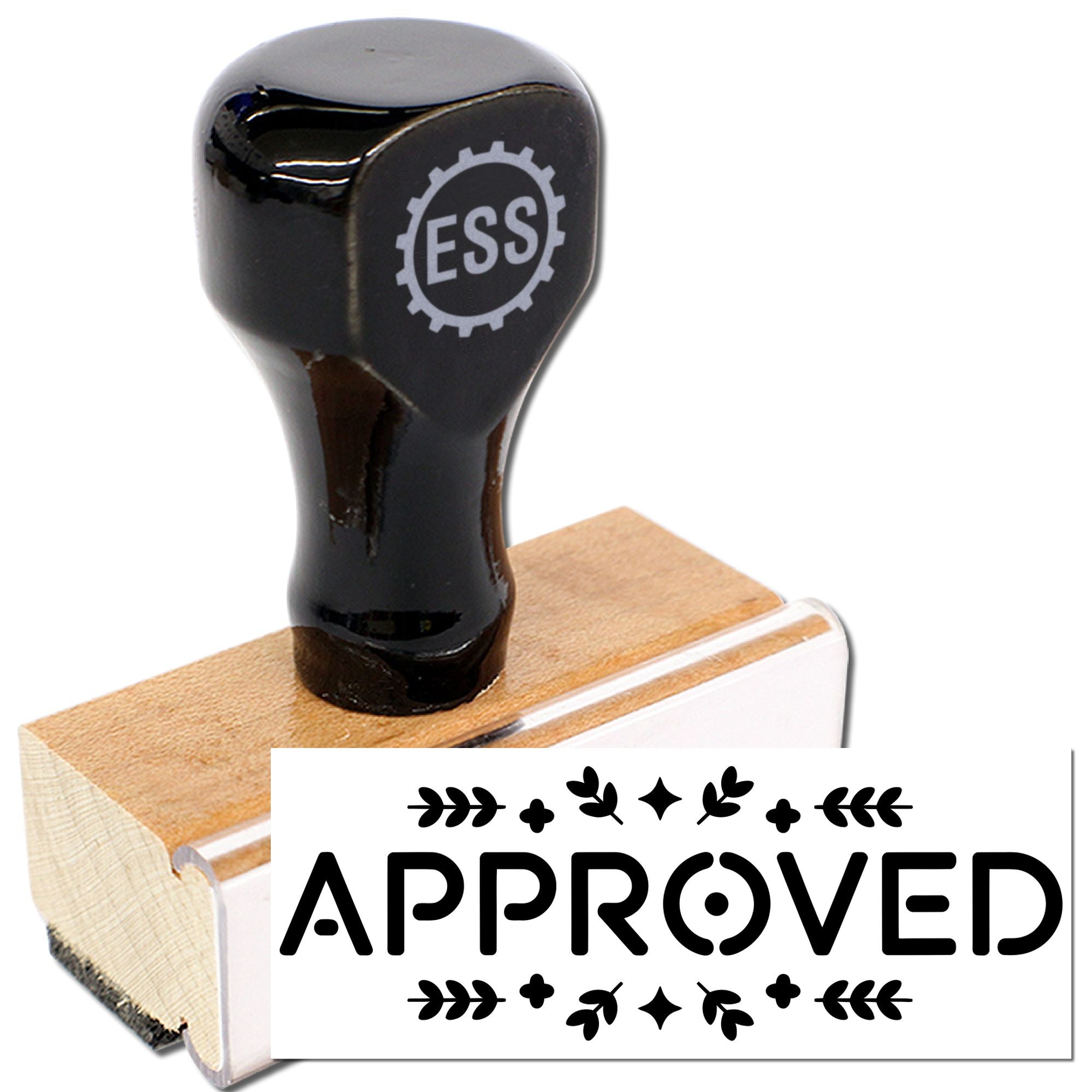 Black ESS rubber stamp with wooden base and white APPROVED seal impression