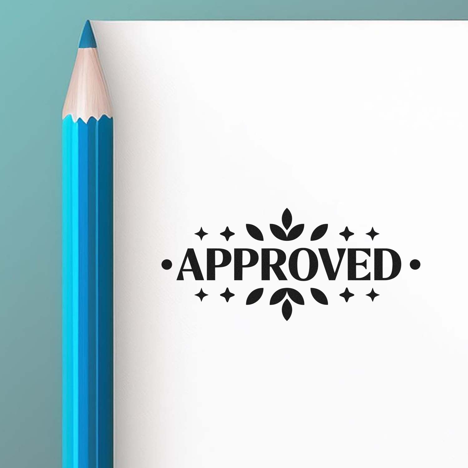 Black APPROVED stamp seal on white paper beside a blue pencil, on teal background.