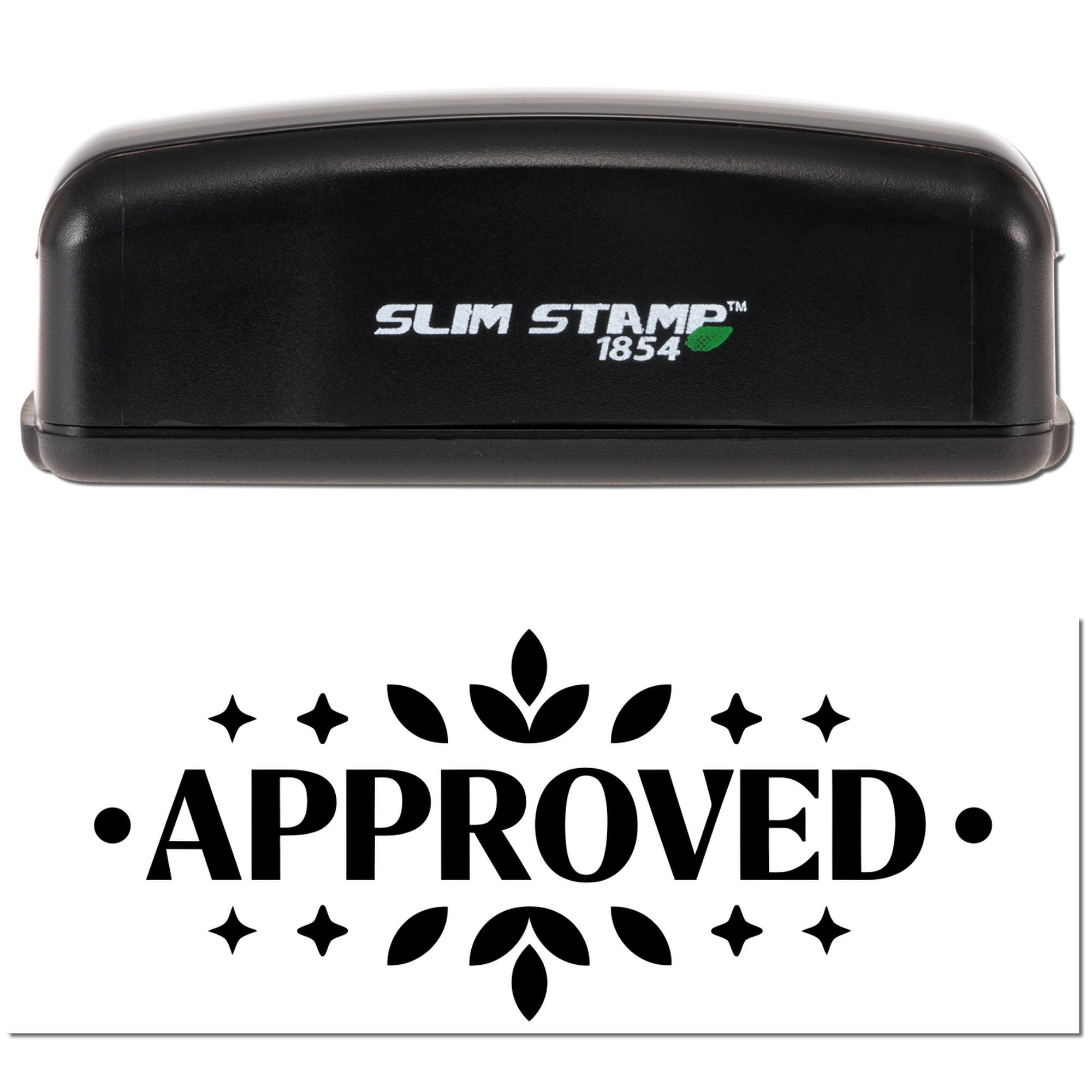 Black Slim Stamp 1854 self-inking stamp with bold black Approved seal on white background.