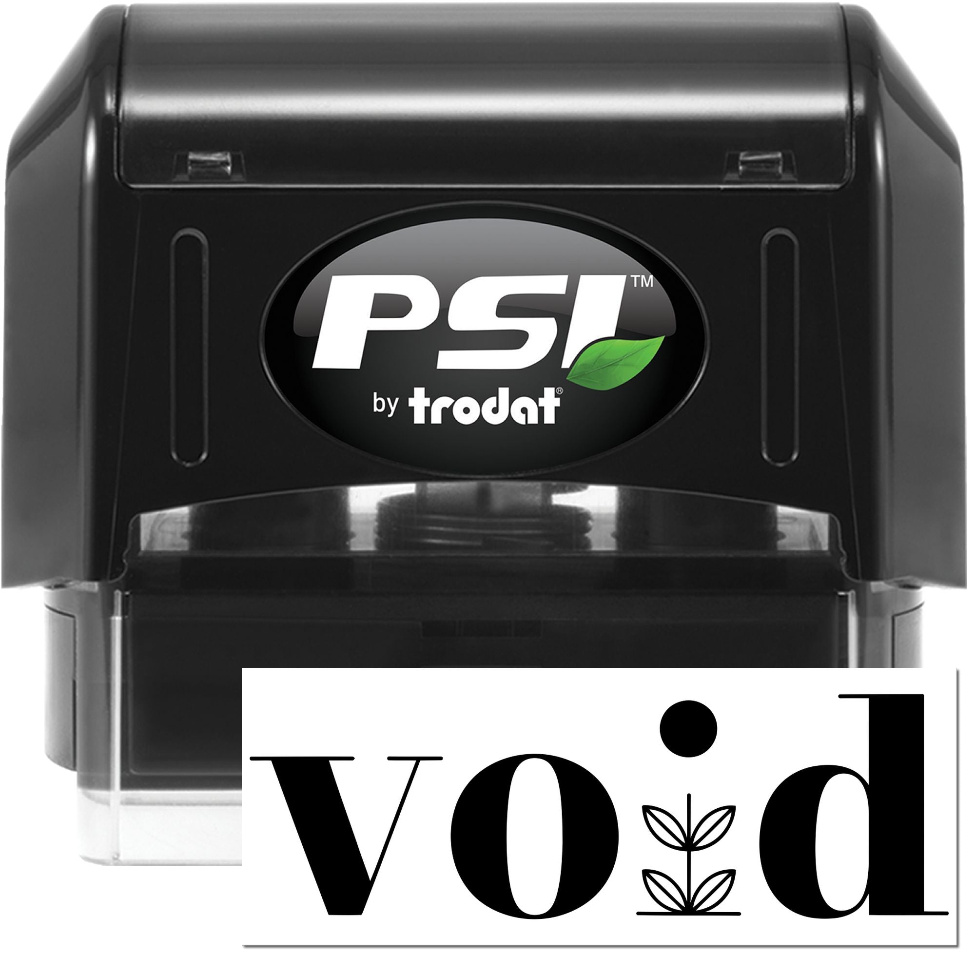 Black PSI by trodat self-inking stamp and seal set with green leaf logo and white impression card.