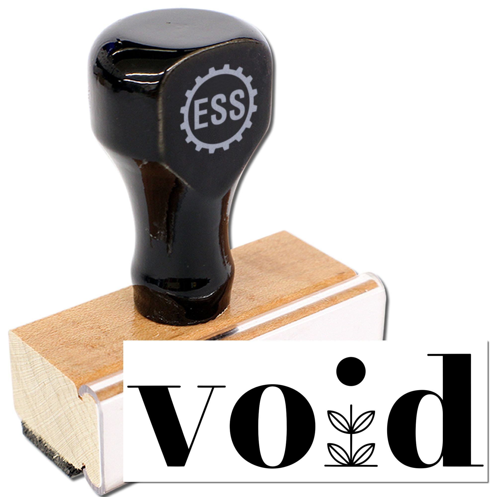 Black ESS self-inking stamp with wooden seal block and white wood stamp reading vod in bold black lettering.