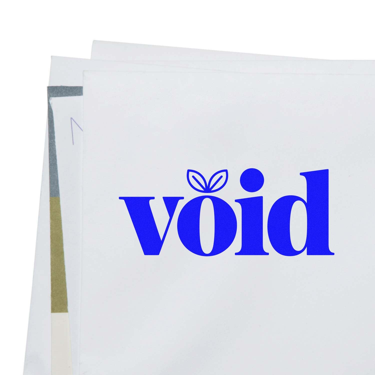 Stacked white stamp and seal sheets with bold blue void logo and leaf icon on a clean background.