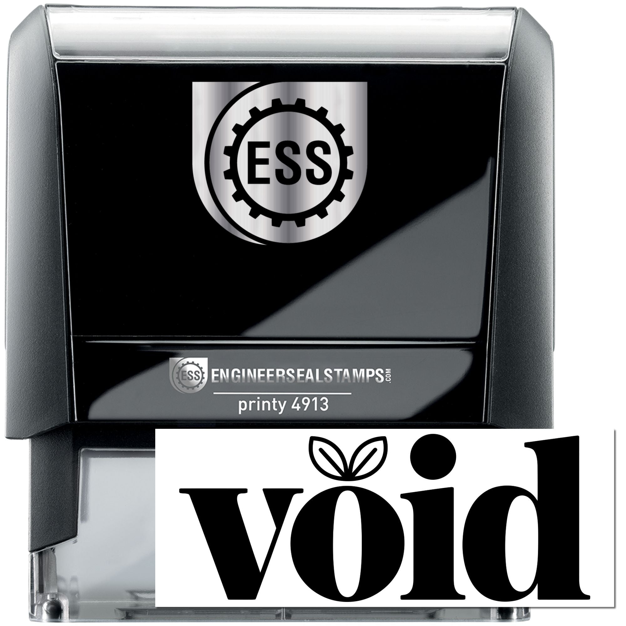 Black self-inking ESS stamp and seal with silver accents, showing a bold void seal imprint and printy 4913 label.