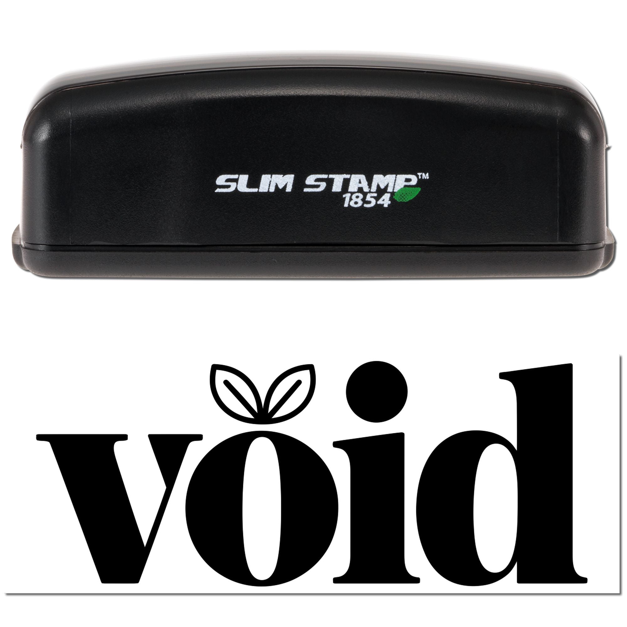 Black Slim Stamp 1854 stamp and seal embosser with green leaf logo, showing bold black void seal impression.