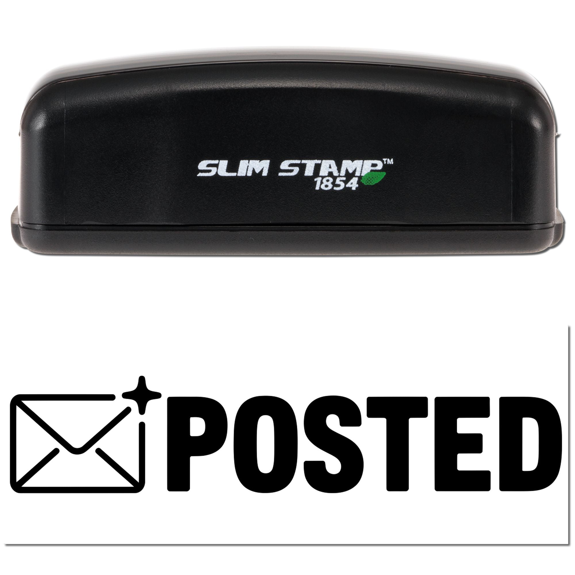 Black Slim Stamp 1854 stamp and seal with green leaf logo beside bold Posted envelope icon on white background.