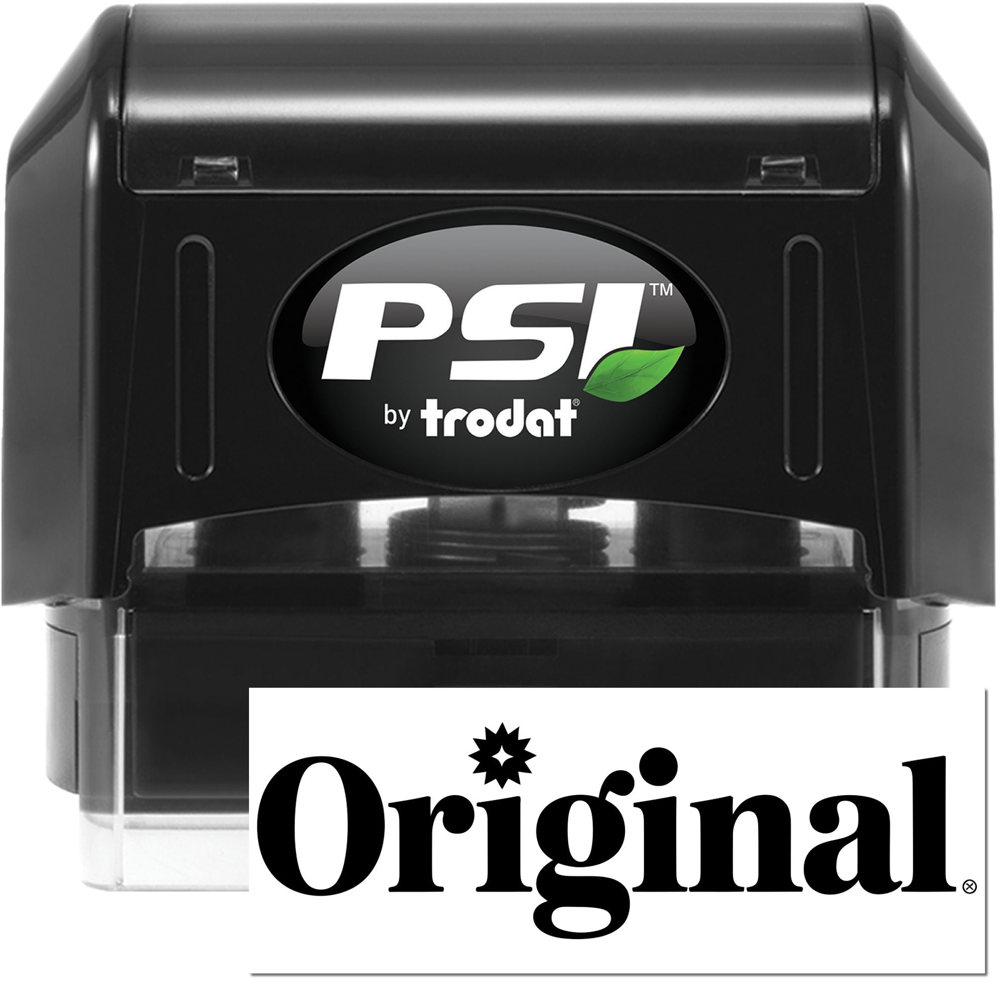 Black PSI by Trodat self-inking stamp and seal, black casing with clear cover and Original impression.