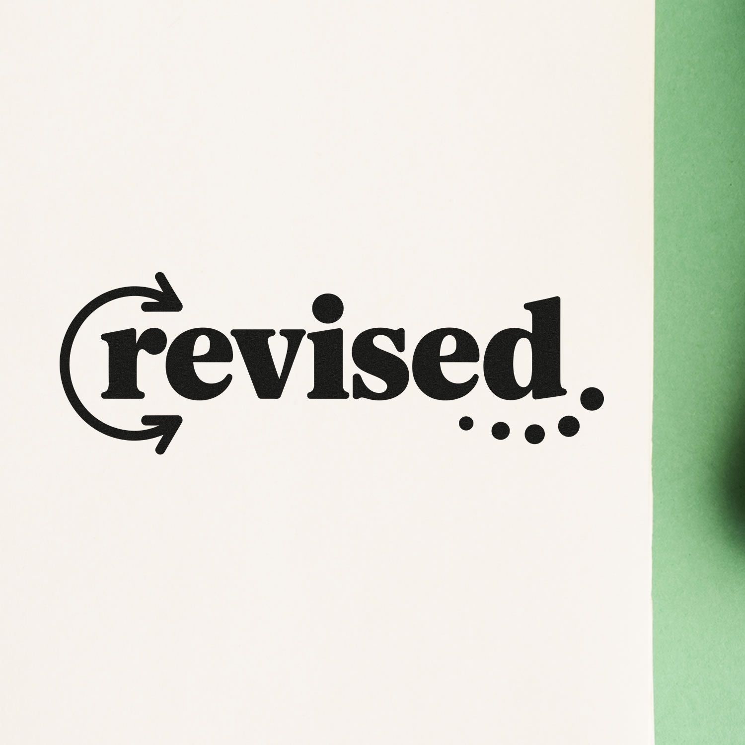 Black revised stamp and seal logo with circular arrows and dot accents on white, beside a green paper edge.