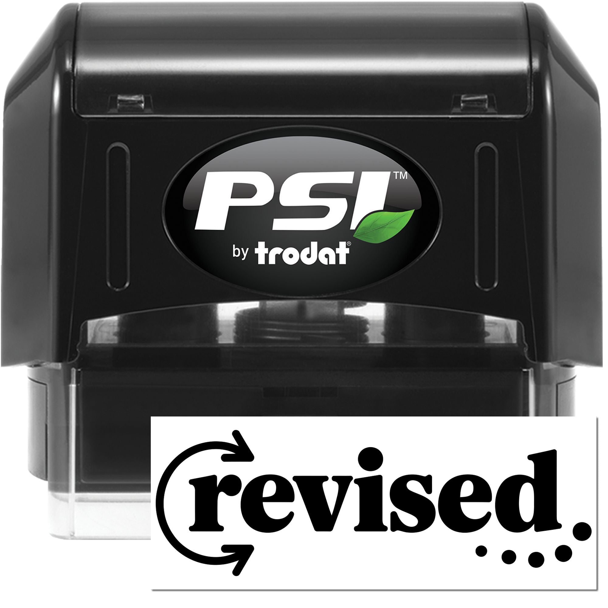 Black PSI by Trodat self-inking stamp and seal with green leaf logo and clear base