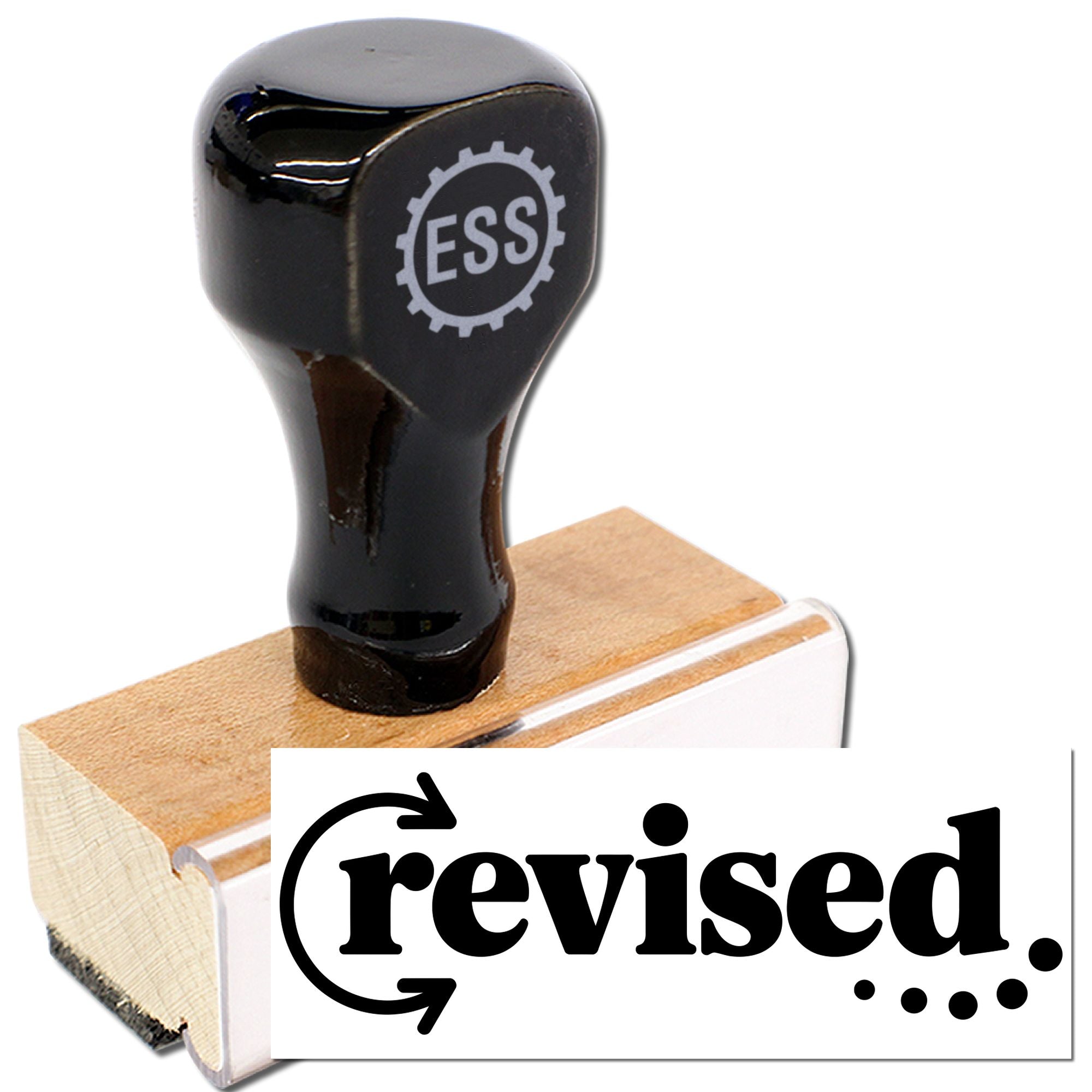 Black self-inking stamp and wooden seal with ESS gear logo, showing a revised mark on white background.