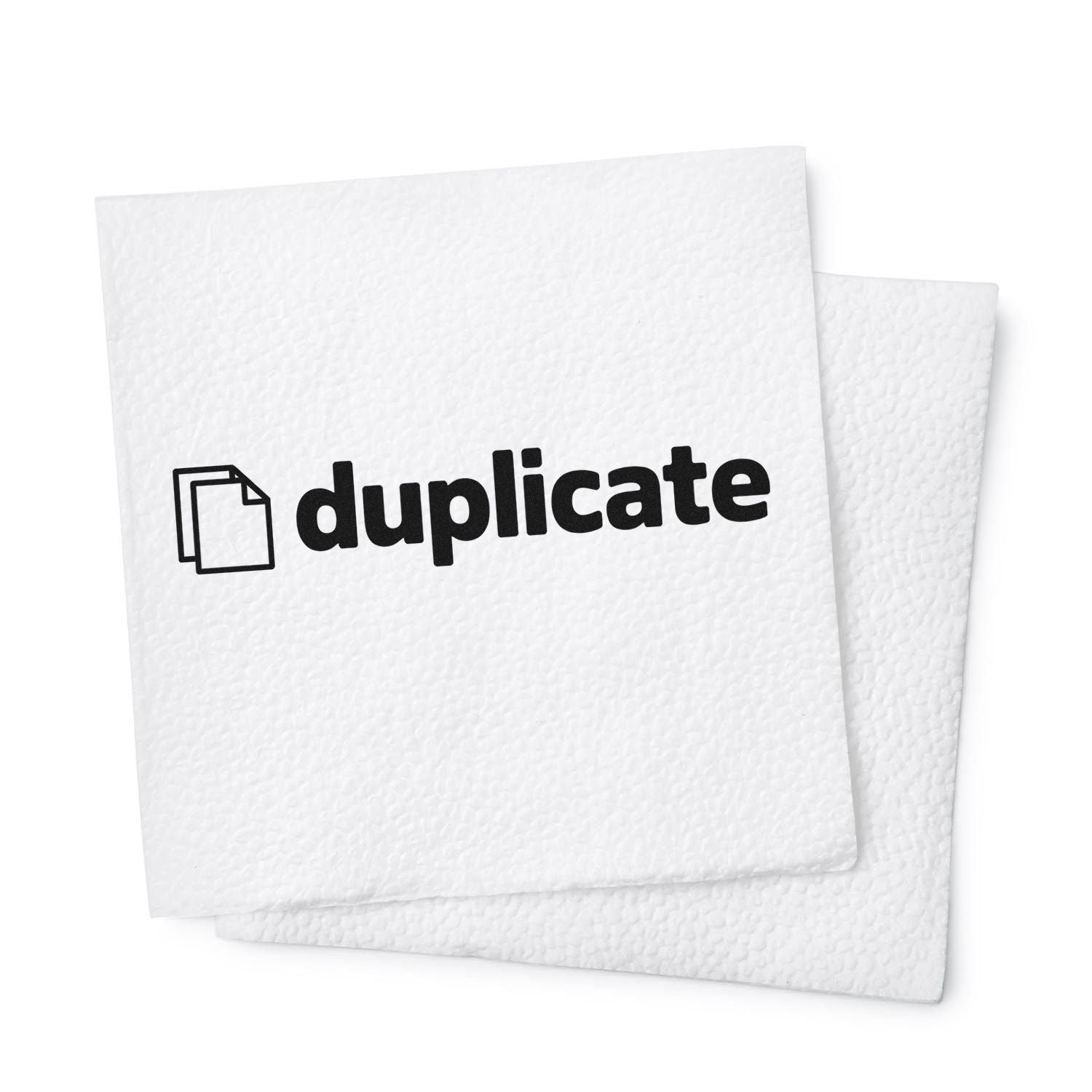 White textured duplicate stamp and seal with black copy icon and bold text on stacked paper sheets.