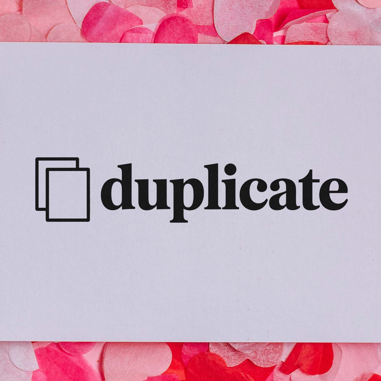 Black duplicate stamp and seal logo with overlapping document icon on white card, on a pink confetti background.
