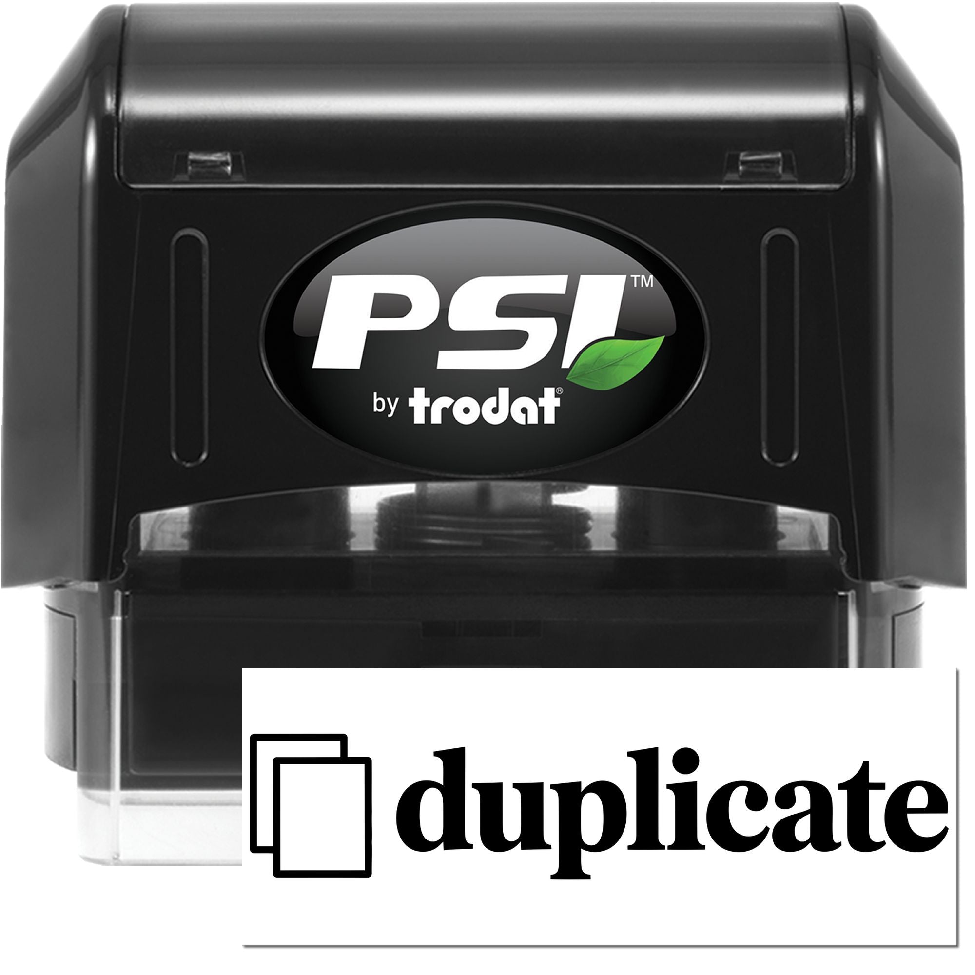 Black PSI by Trodat self-inking stamp and duplicate seal with green leaf logo