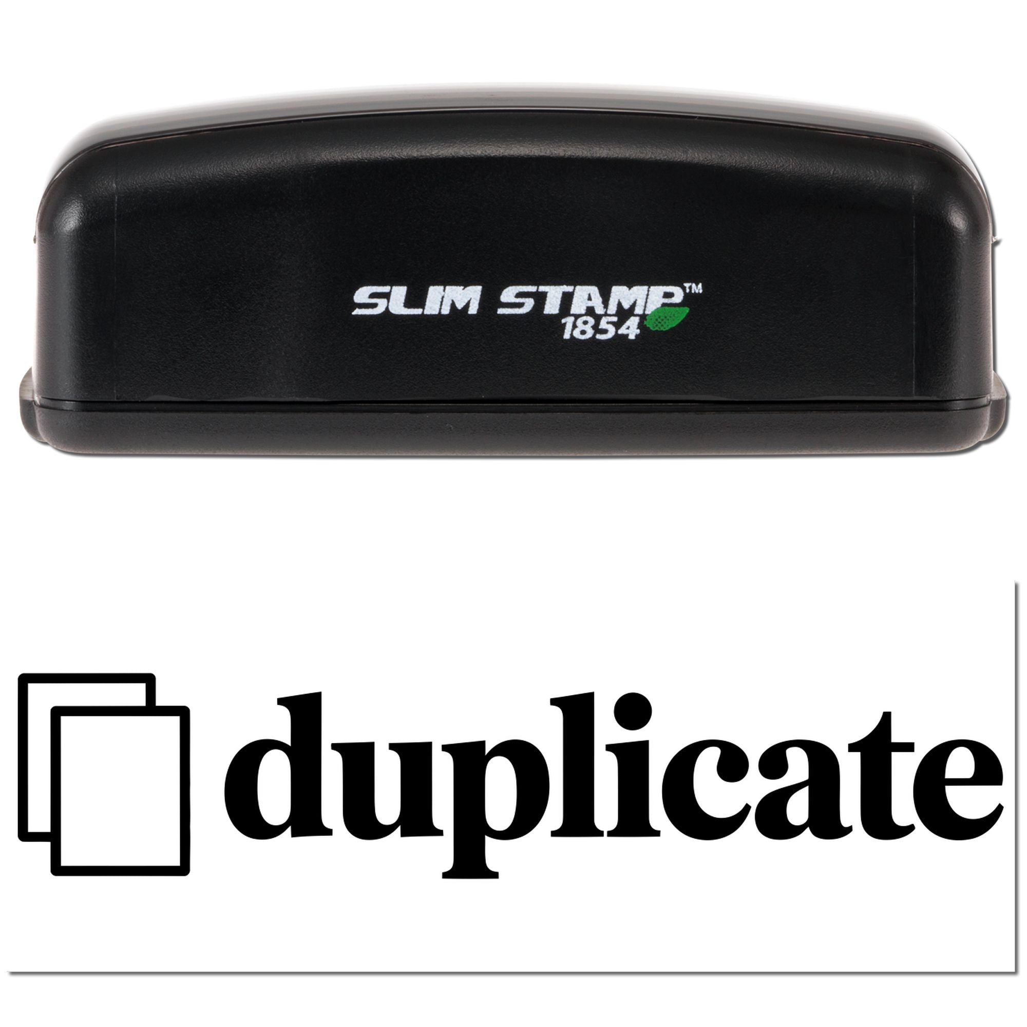 Black Slim Stamp 1854 embosser with white logo, green accent, and Duplicate stamp seal branding.