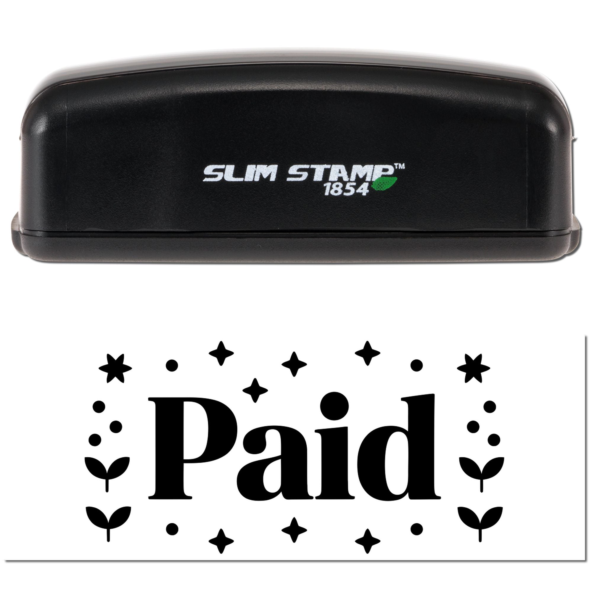 Black Slim Stamp 1854 self-inking stamp and matching Paid seal with black decorative stars and dots on white.