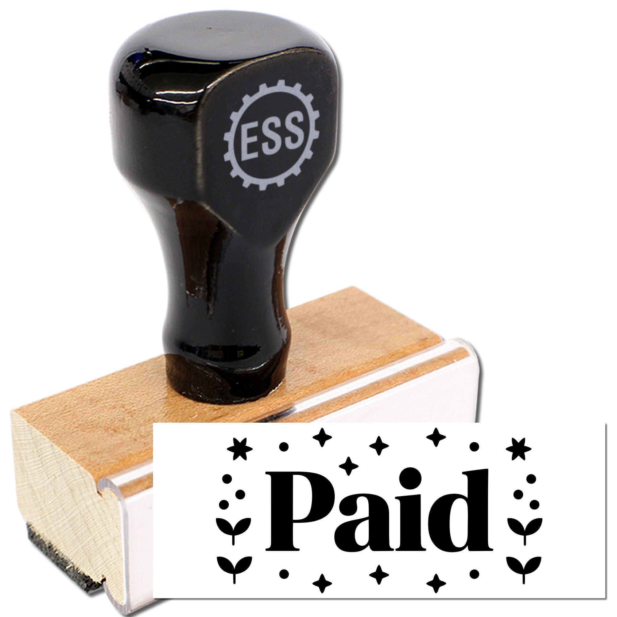 Black rubber stamp and seal set with ESS logo, wooden base, and bold black Paid imprint on white card.