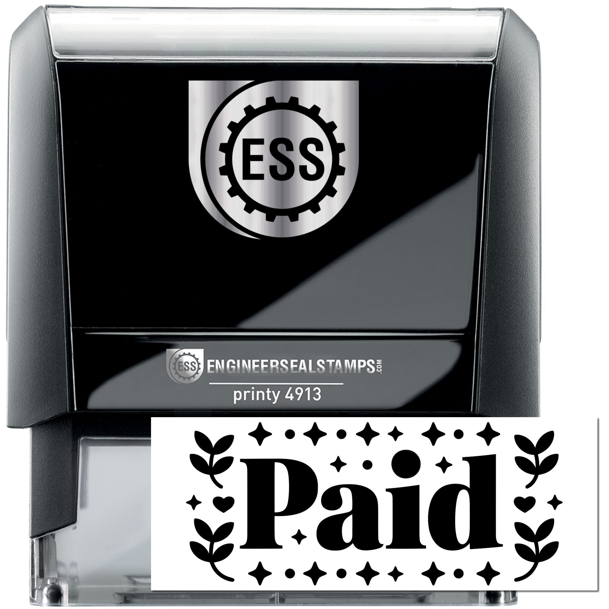Black self-inking ESS seal stamp with silver accents and a bold Paid impression sample.