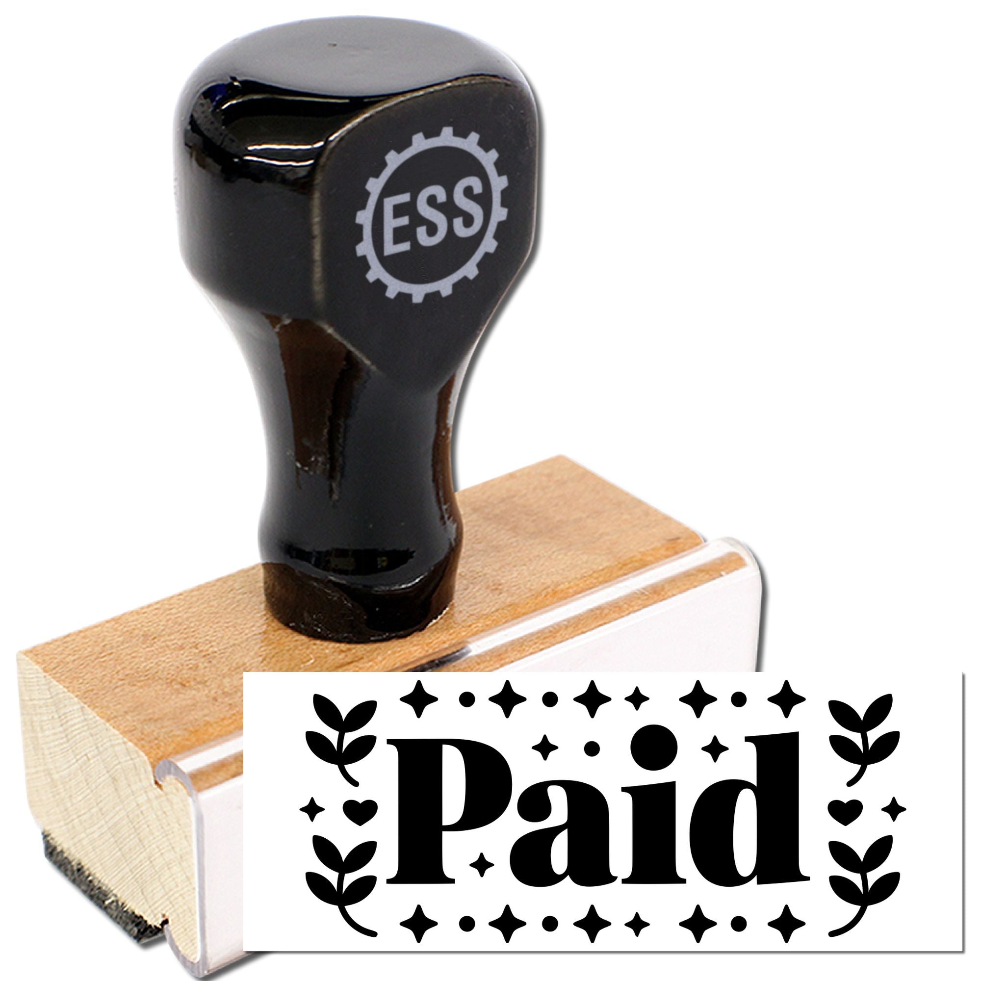 Black ESS self-inking stamp with wooden handle and decorative Paid seal impression